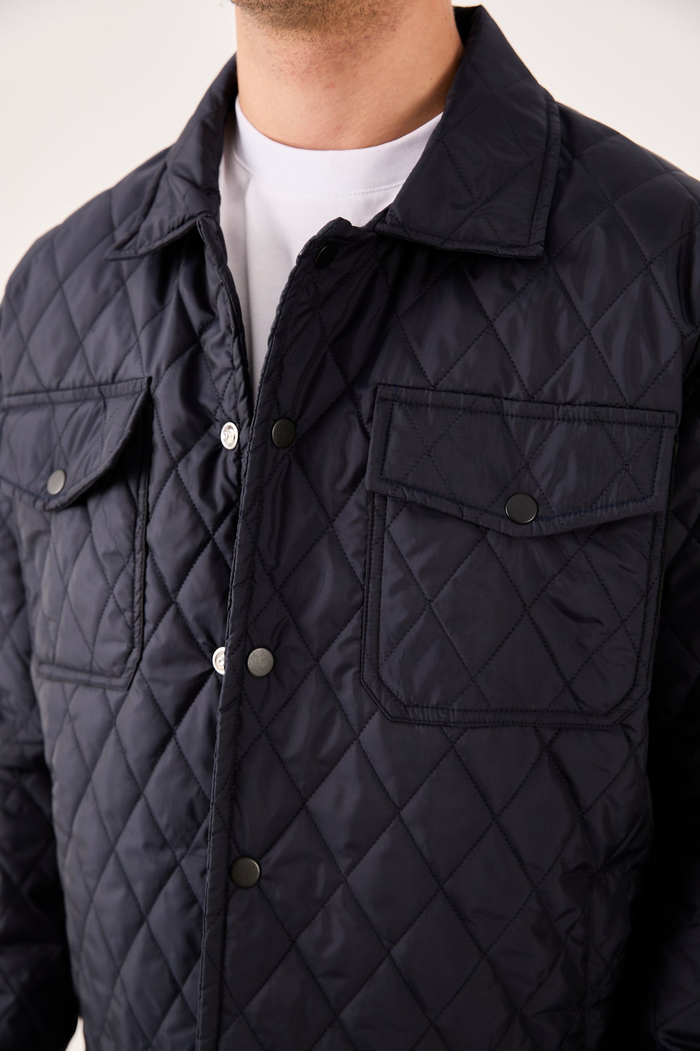 X-2019 Mens Lightweight Quilted Jacket Snap Button Navy Chest Pockets