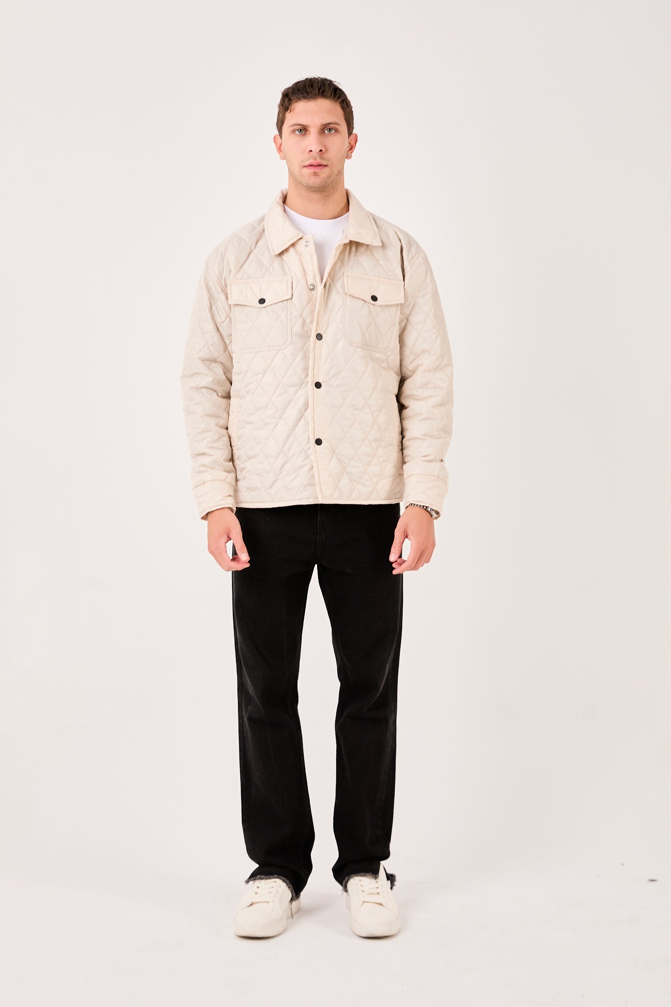 X-2019 Mens Lightweight Quilted Jacket Snap Button Beige Chest Pockets