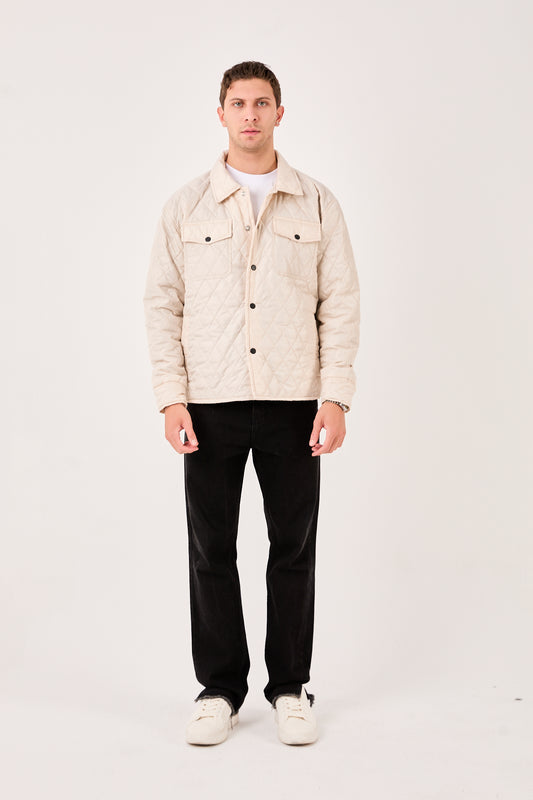 X-2019 Mens Lightweight Quilted Jacket Snap Button Beige Chest Pockets
