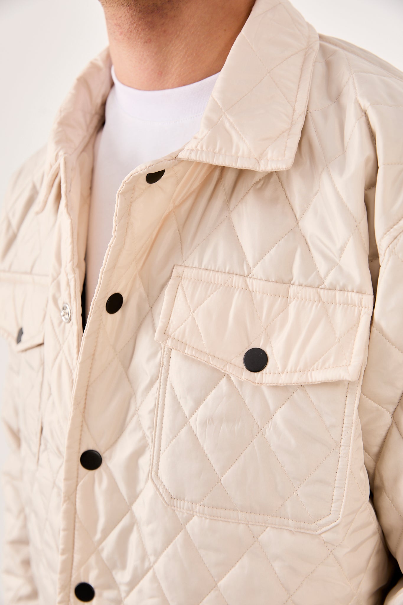 X-2019 Mens Lightweight Quilted Jacket Snap Button Beige Chest Pockets