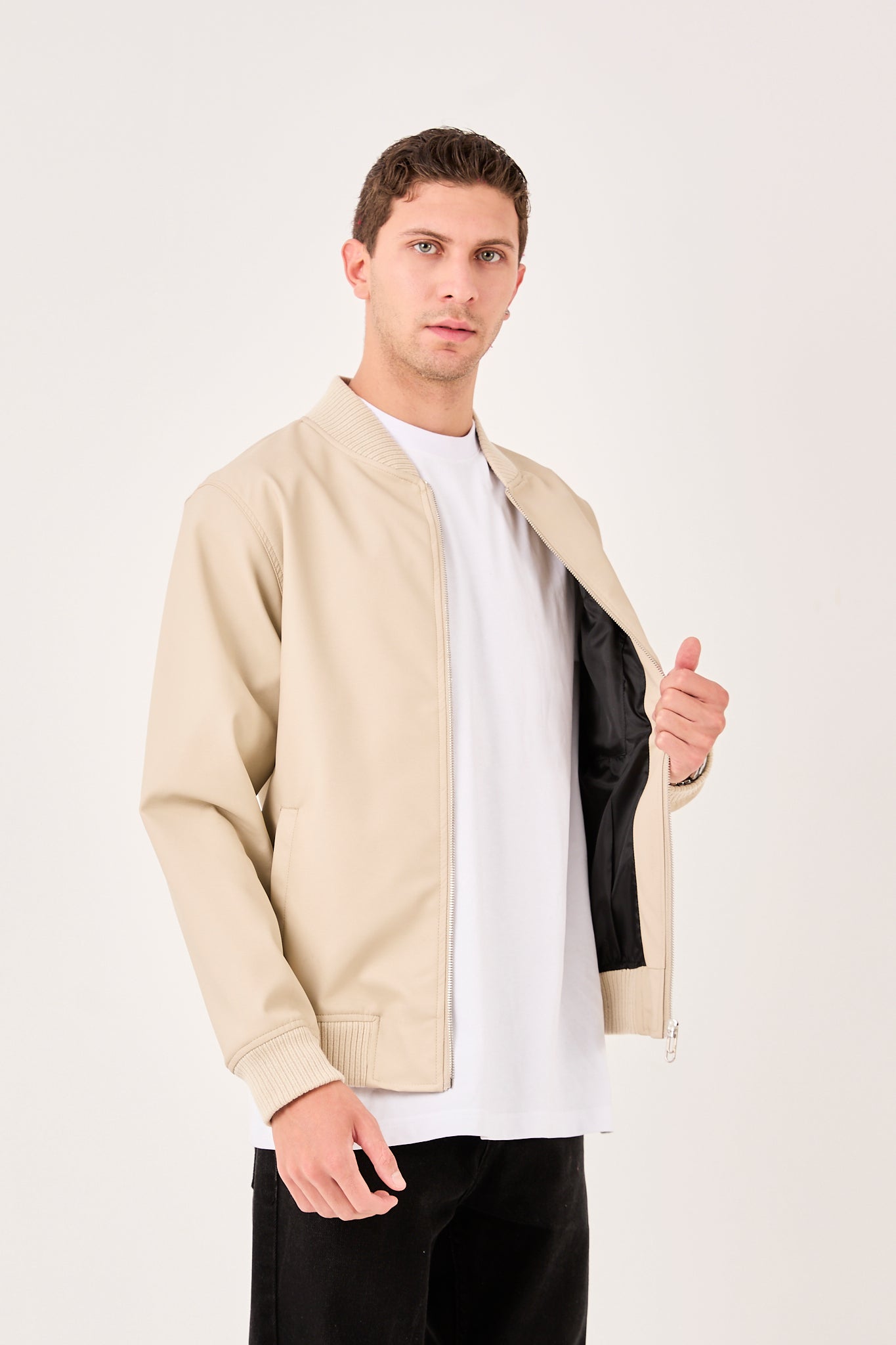 X-2012 Mens Minimal Bomber Jacket Beige Clean Look Zip Front