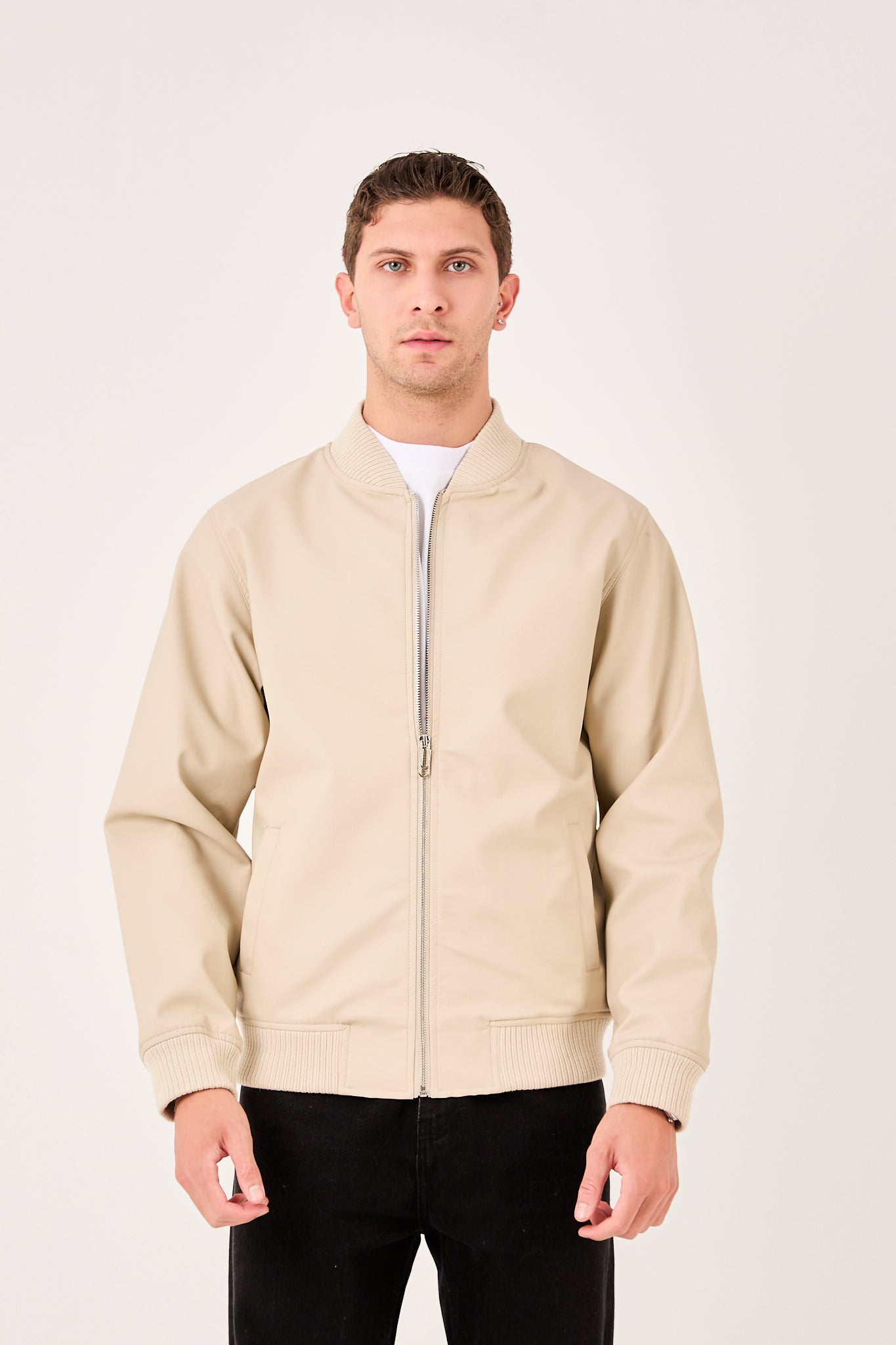 X-2012 Mens Minimal Bomber Jacket Beige Clean Look Zip Front
