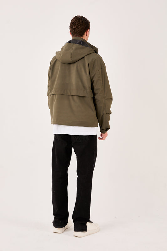 X-2010 Mens Hooded Windbreaker Rain Jacket Olive Zip Front Adjustable Hem