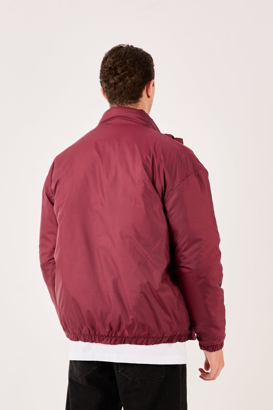 X-2009 Mens Lightweight Puffer Jacket Burgundy Zip Front Stand Collar Elastic Hem