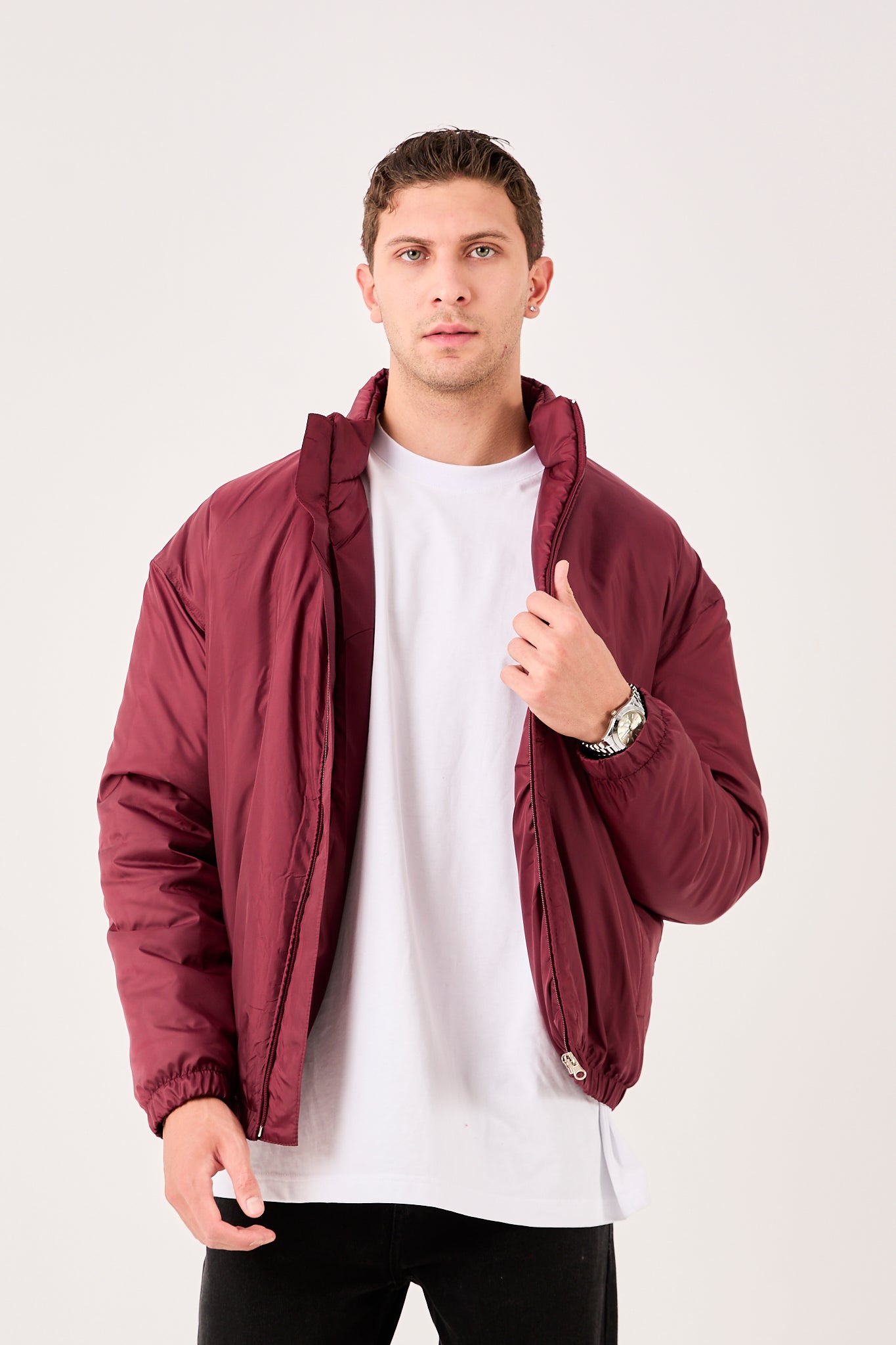 X-2009 Mens Lightweight Puffer Jacket Burgundy Zip Front Stand Collar Elastic Hem