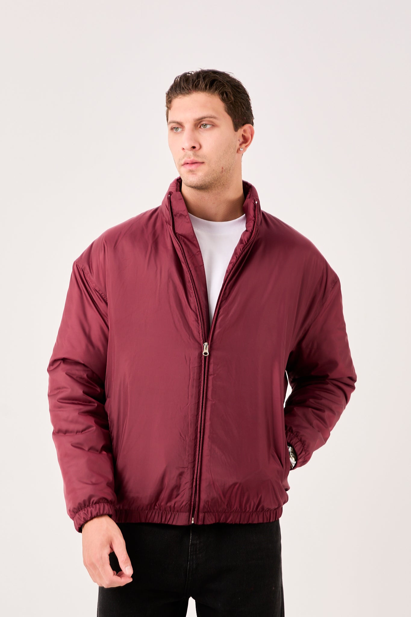 X-2009 Mens Lightweight Puffer Jacket Burgundy Zip Front Stand Collar Elastic Hem