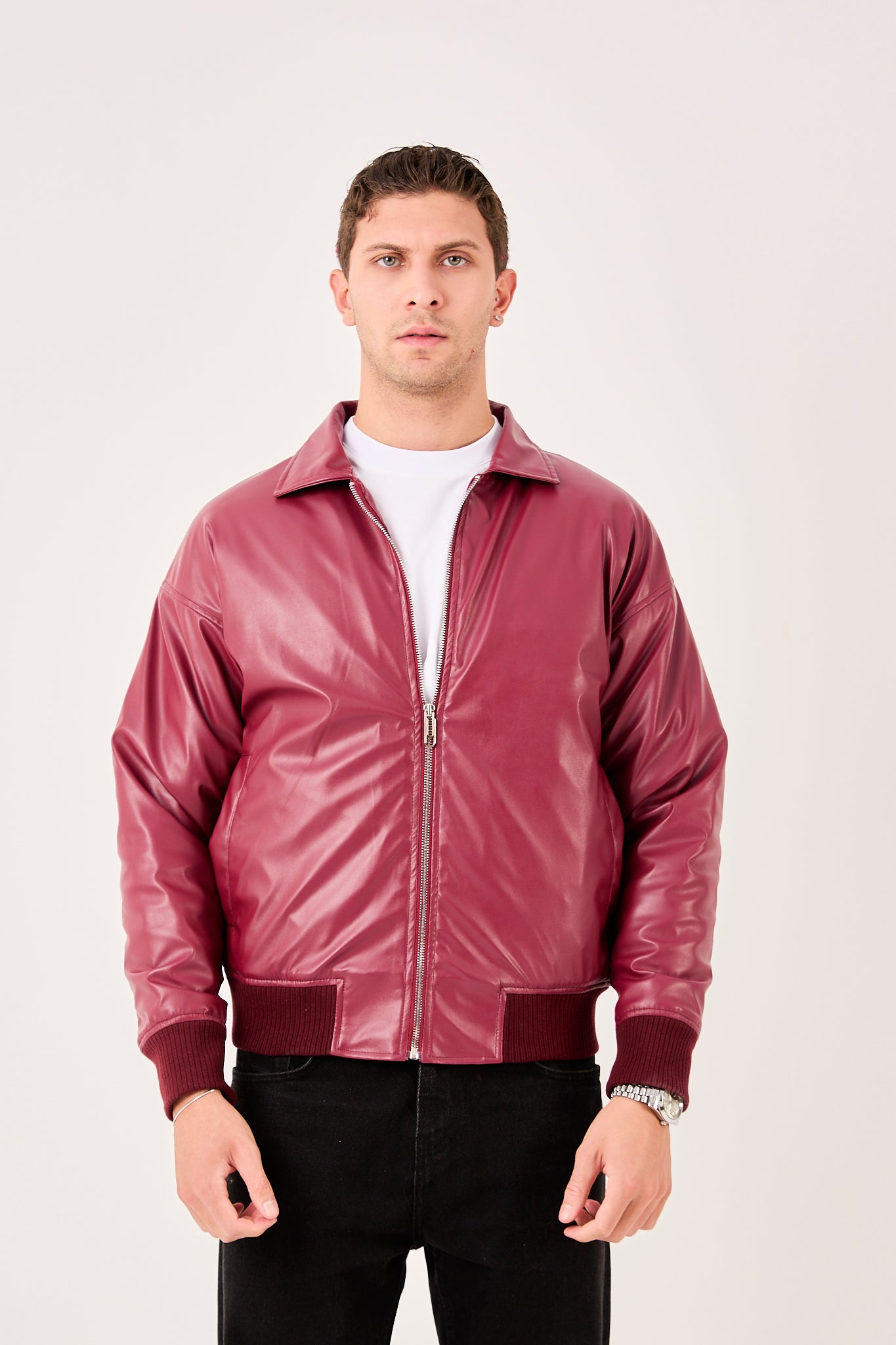X-2015 Mens Faux Leather Bomber Jacket Burgundy Zip Front Ribbed Hem