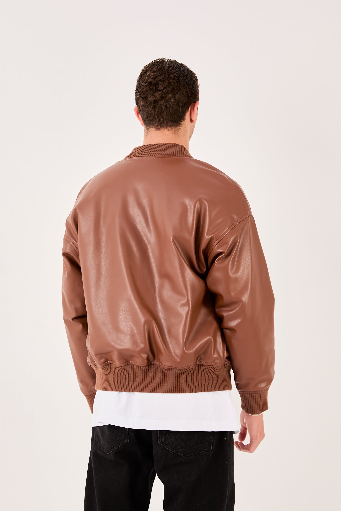 X-2018 Mens Snap Button Faux Leather Jacket Brown Bomber Style