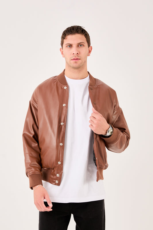 X-2018 Mens Snap Button Faux Leather Jacket Brown Bomber Style