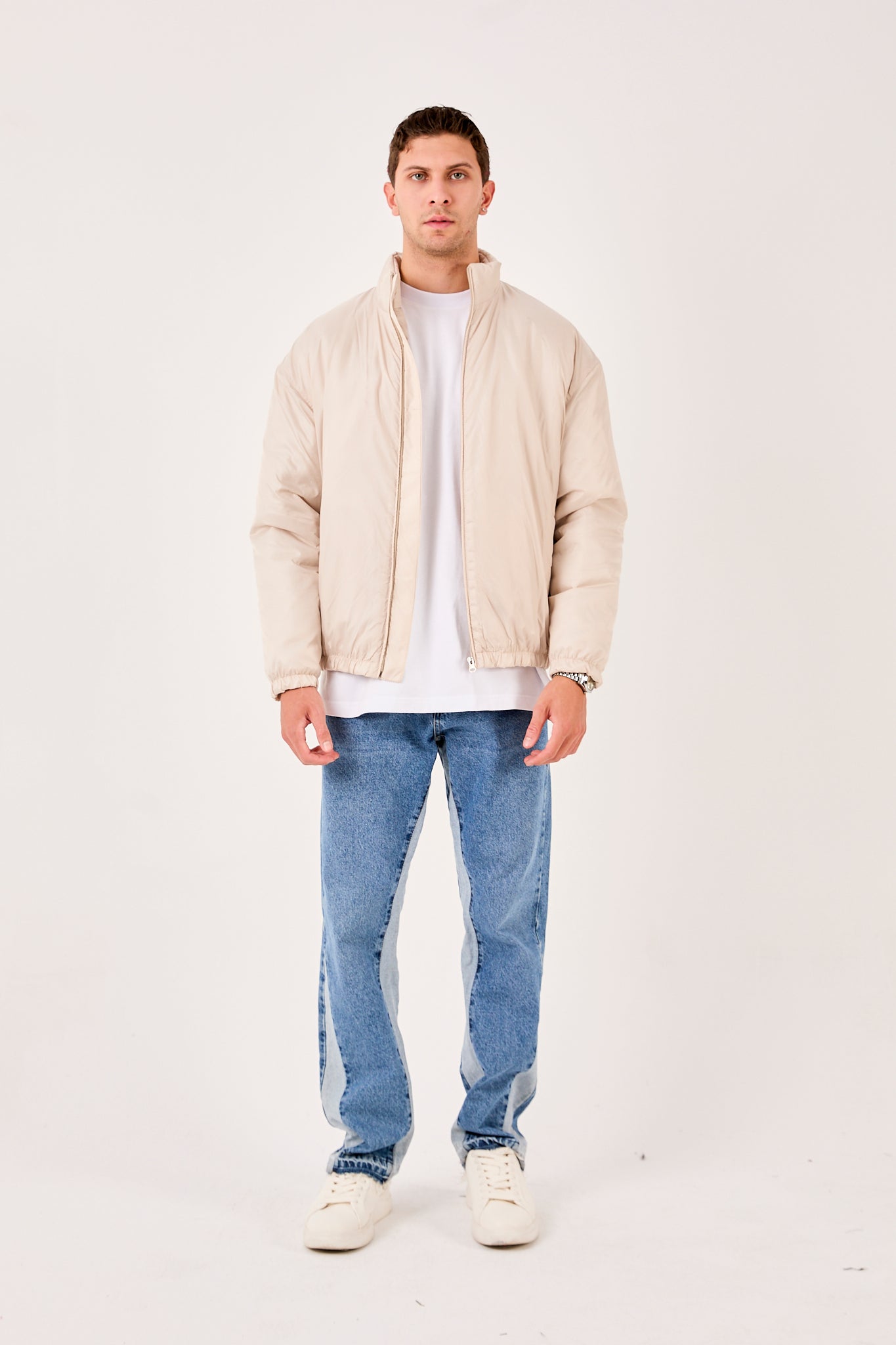 X-2009 Mens Lightweight Puffer Jacket Beige Zip Front Stand Collar Elastic Hem