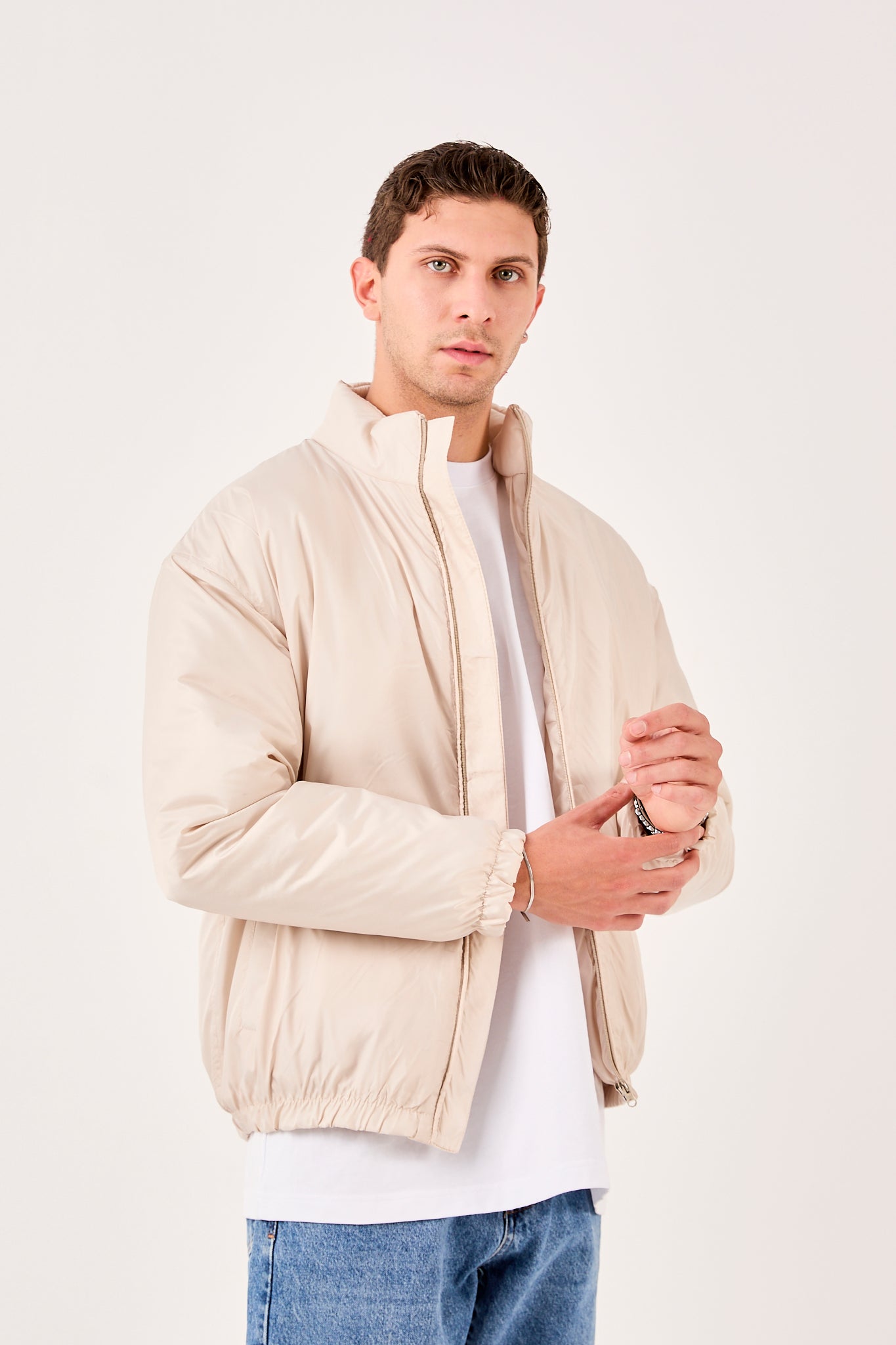 X-2009 Mens Lightweight Puffer Jacket Beige Zip Front Stand Collar Elastic Hem