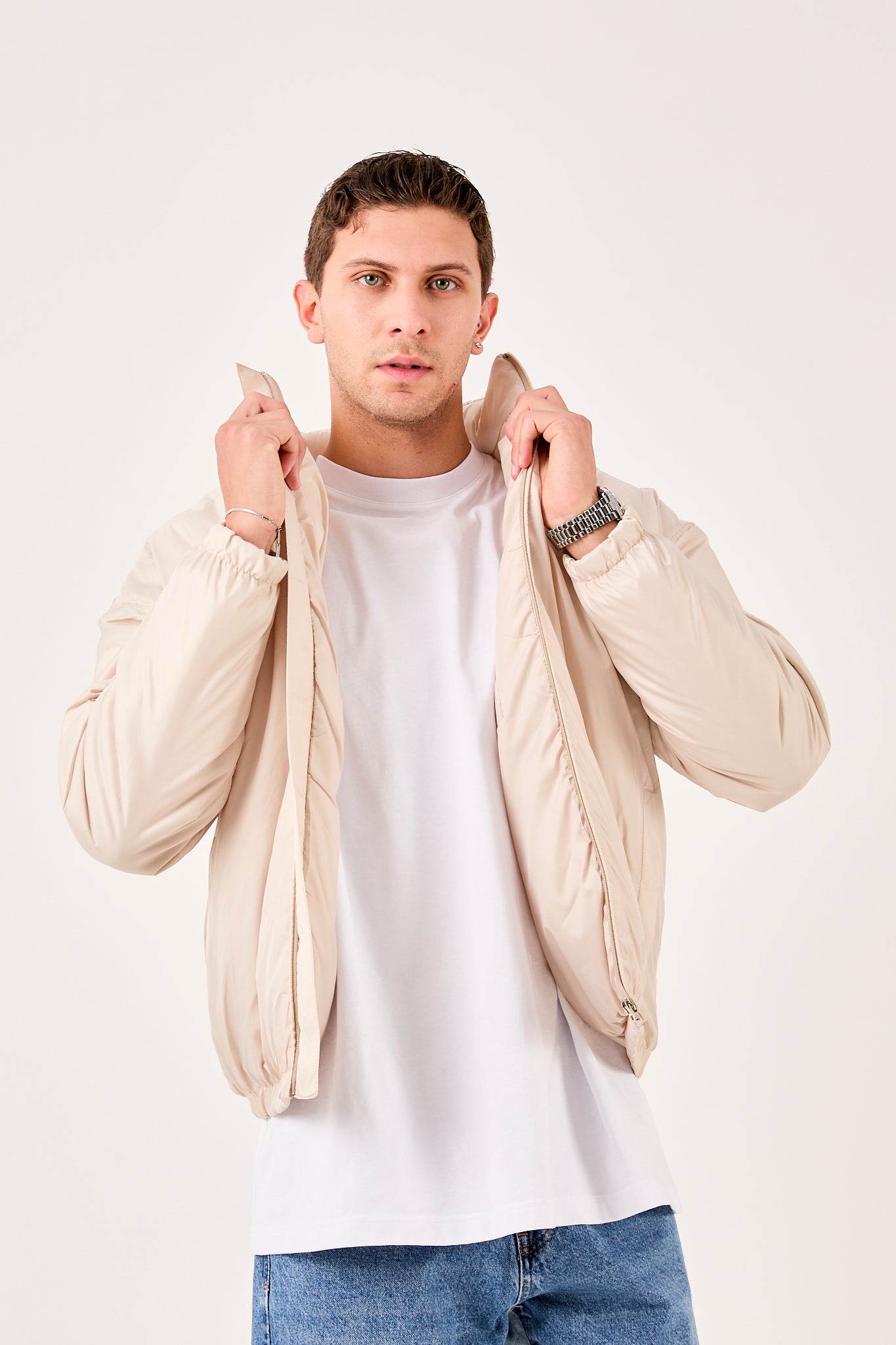 X-2009 Mens Lightweight Puffer Jacket Beige Zip Front Stand Collar Elastic Hem