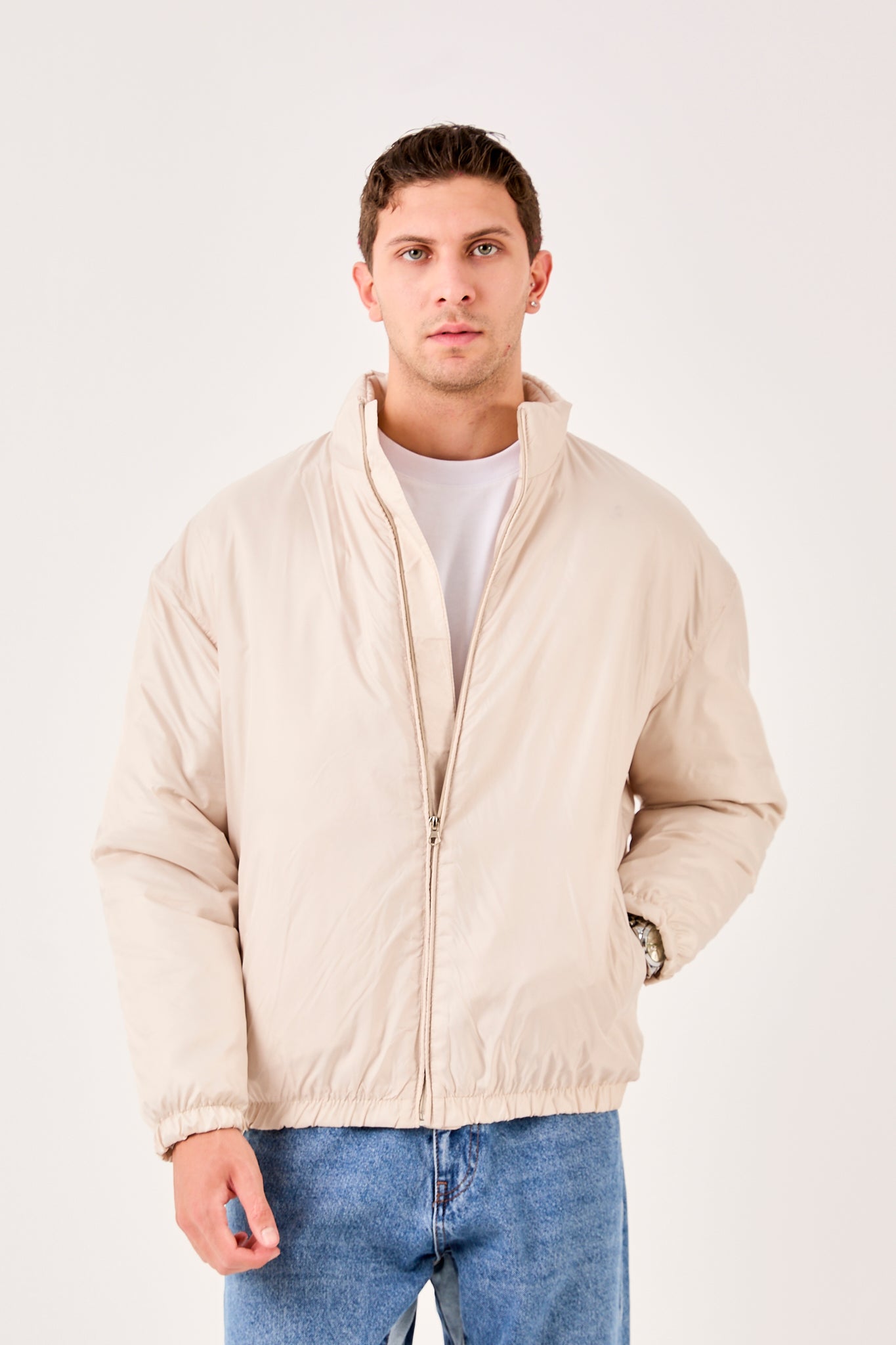 X-2009 Mens Lightweight Puffer Jacket Beige Zip Front Stand Collar Elastic Hem