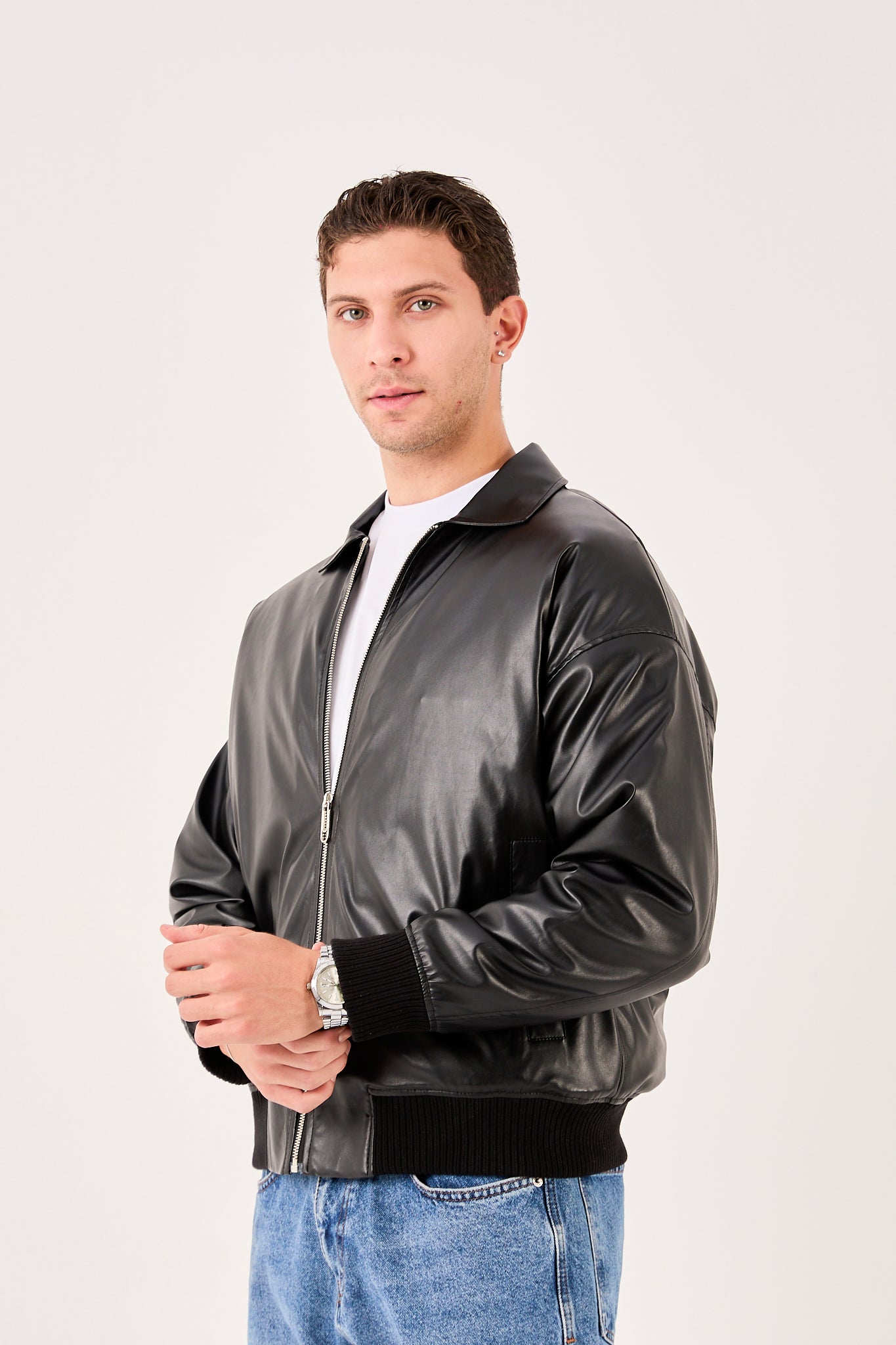 X-2015 Mens Bomber Jacket Black Zip Front Shirt Collar Ribbed Hem