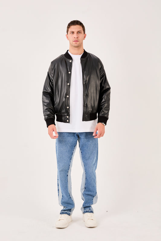 X-2018 X-2018 Mens Snap Button Faux Leather Jacket BLACK Bomber Style