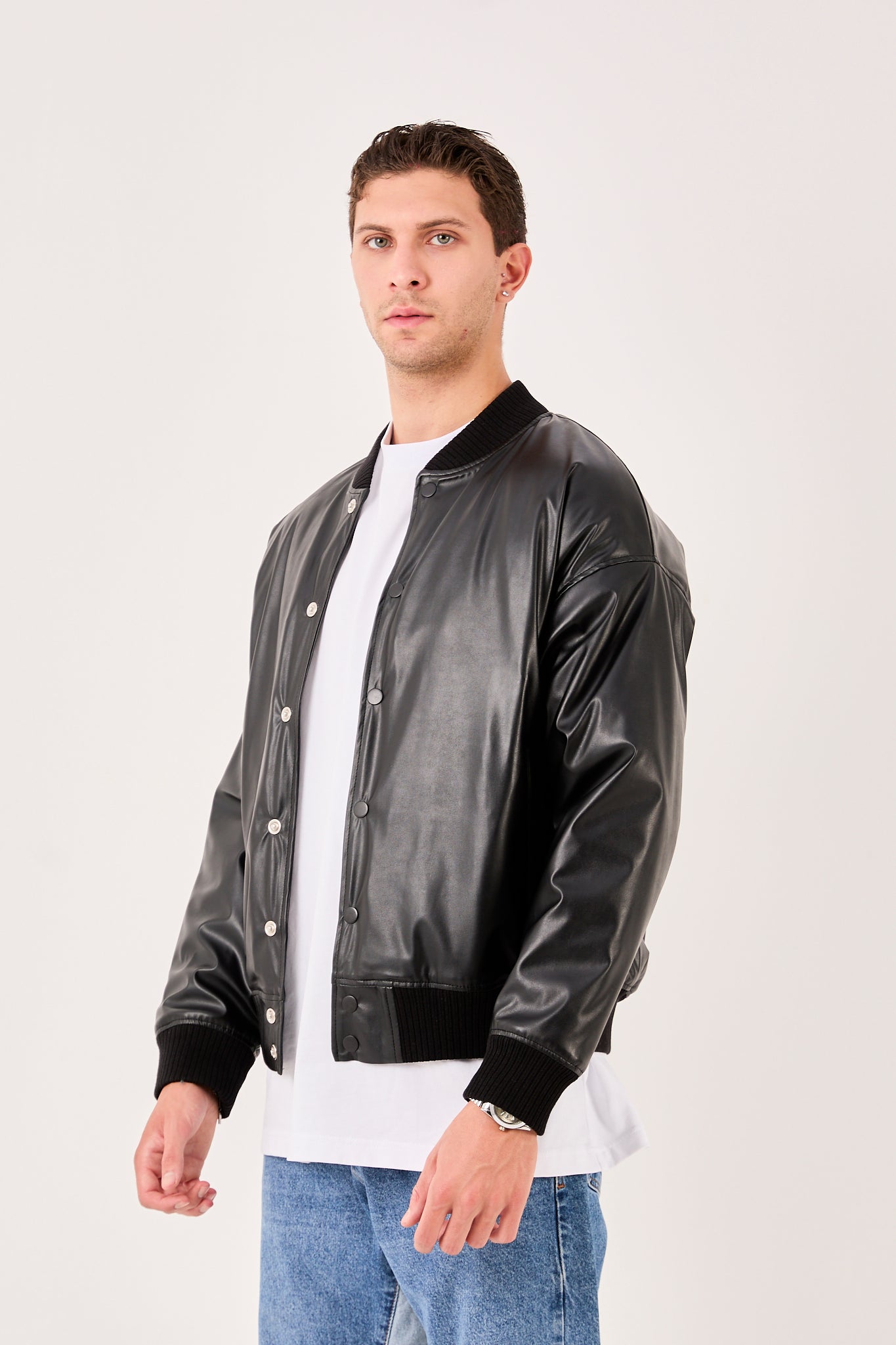X-2018 X-2018 Mens Snap Button Faux Leather Jacket BLACK Bomber Style
