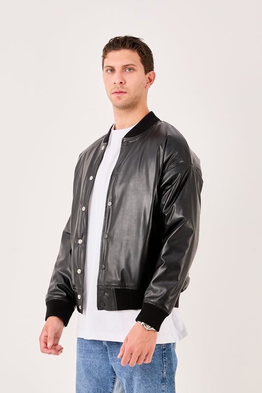 X-2018 X-2018 Mens Snap Button Faux Leather Jacket BLACK Bomber Style