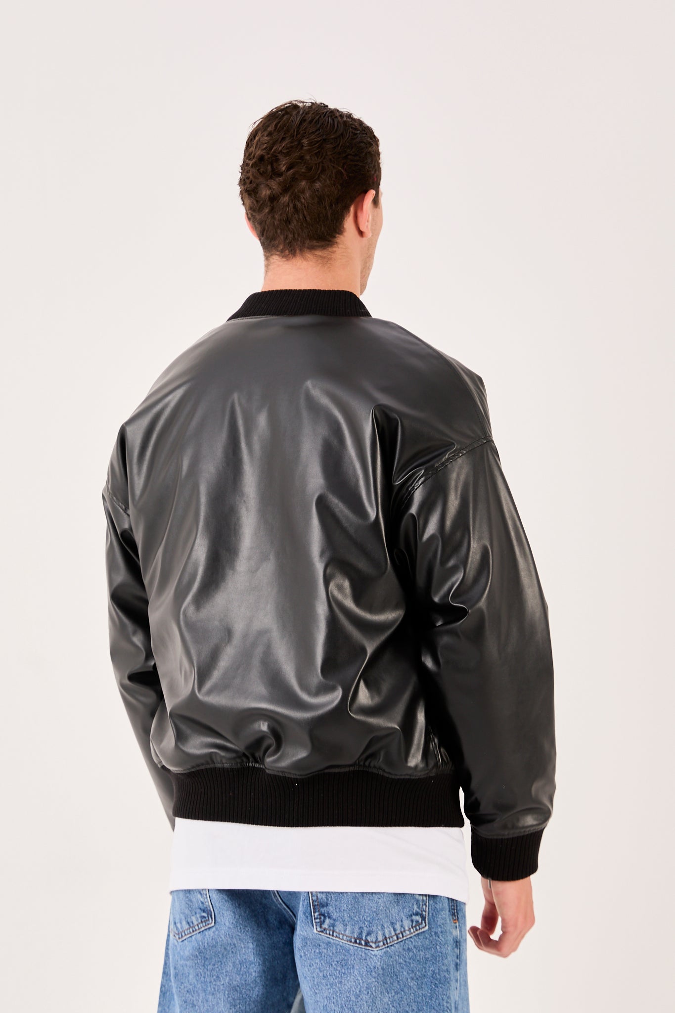 X-2018 X-2018 Mens Snap Button Faux Leather Jacket BLACK Bomber Style
