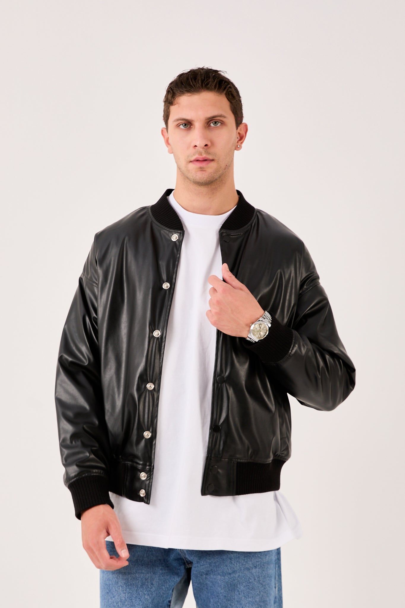 X-2018 X-2018 Mens Snap Button Faux Leather Jacket BLACK Bomber Style