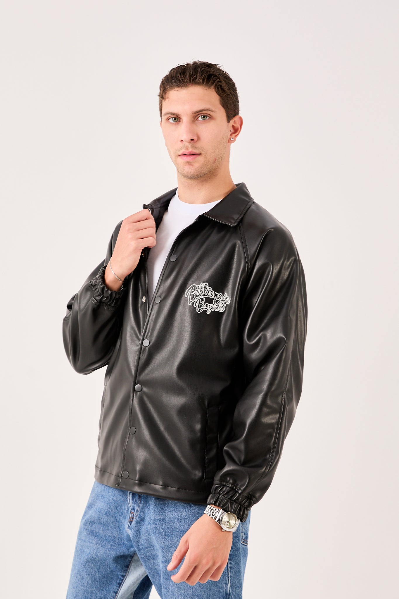 X-2013 Mens Coaches Jacket Black Snap Button Embroidered Back and Chest Elastic Cuffs