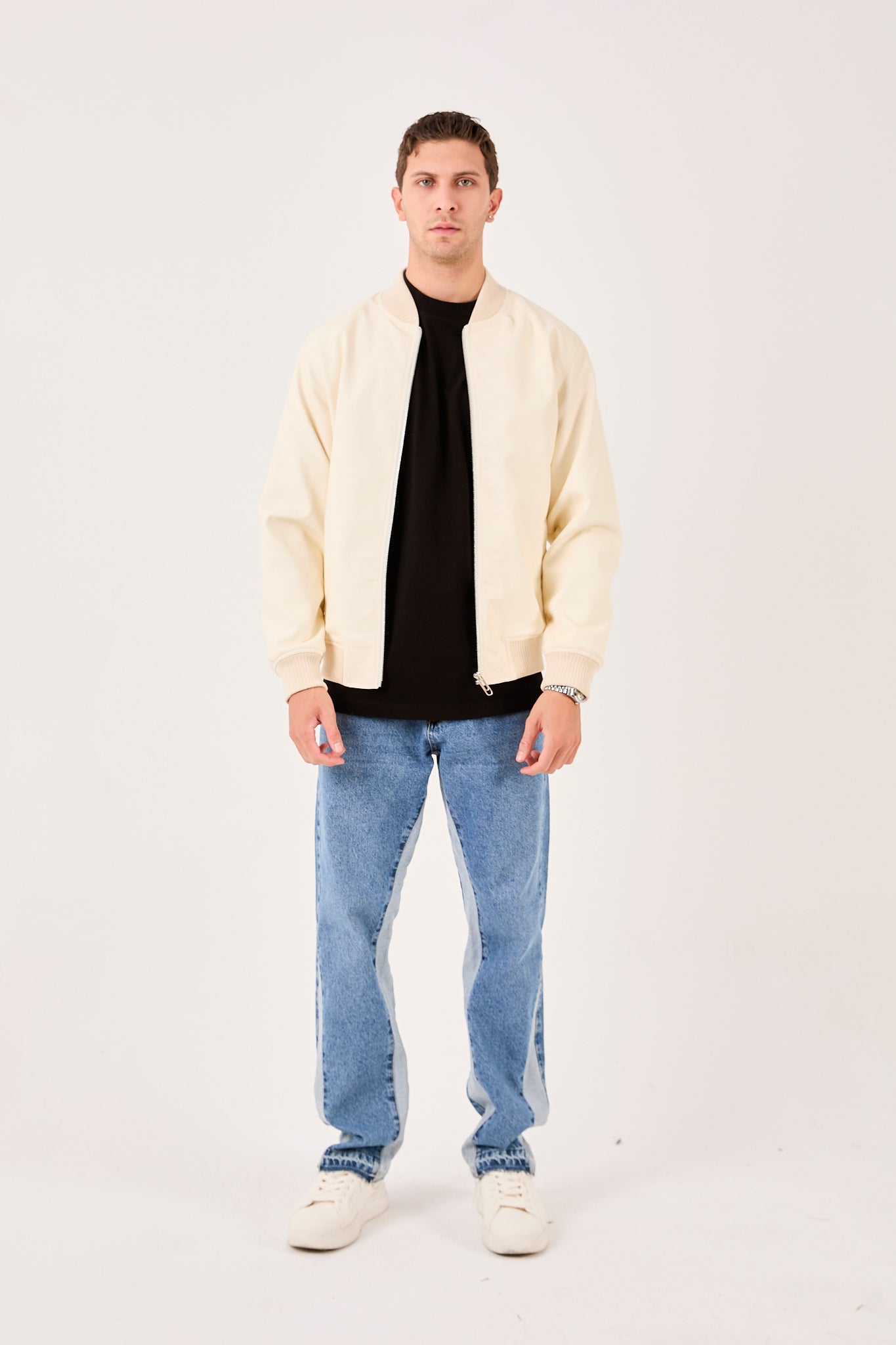 X-2012 Mens Bomber Jacket White Zip Front Ribbed Collar Cuffs Hem