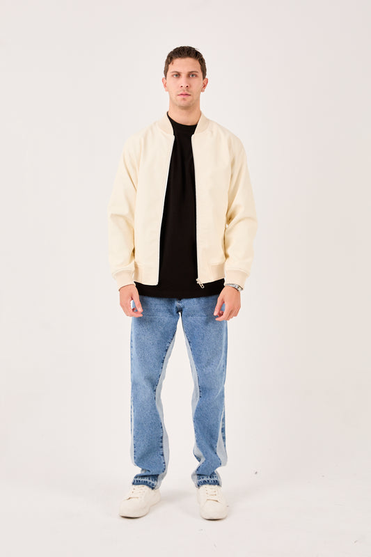 X-2012 Mens Bomber Jacket White Zip Front Ribbed Collar Cuffs Hem