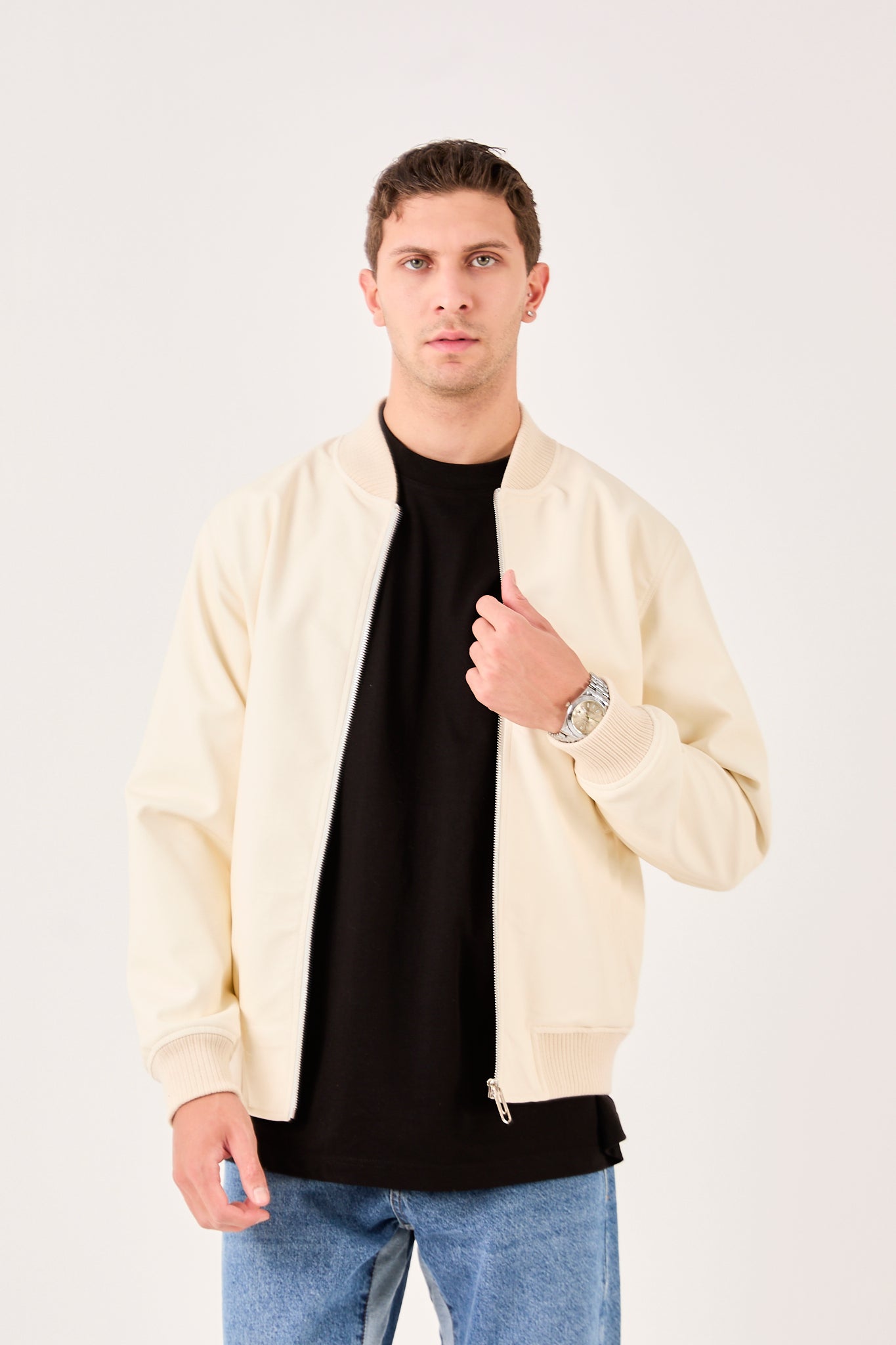 X-2012 Mens Bomber Jacket White Zip Front Ribbed Collar Cuffs Hem