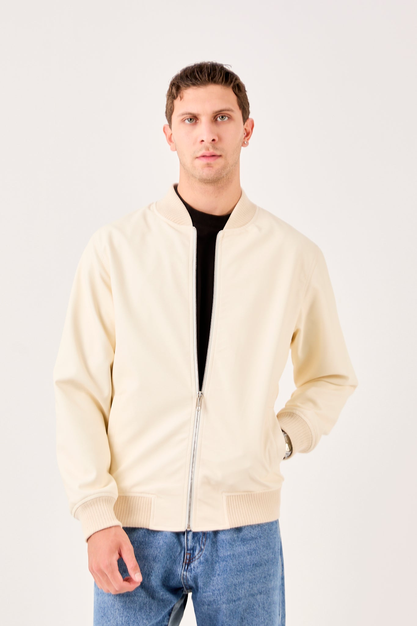 X-2012 Mens Bomber Jacket White Zip Front Ribbed Collar Cuffs Hem