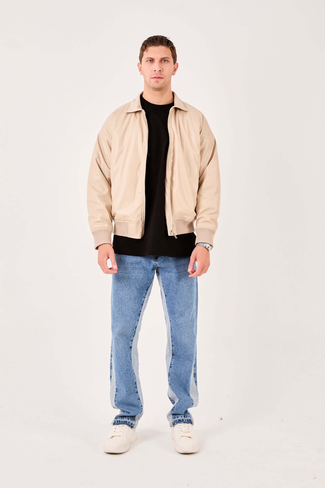 X-2015 Mens Bomber Jacket Beige Zip Front Shirt Collar Ribbed Hem