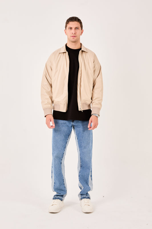 X-2015 Mens Bomber Jacket Beige Zip Front Shirt Collar Ribbed Hem