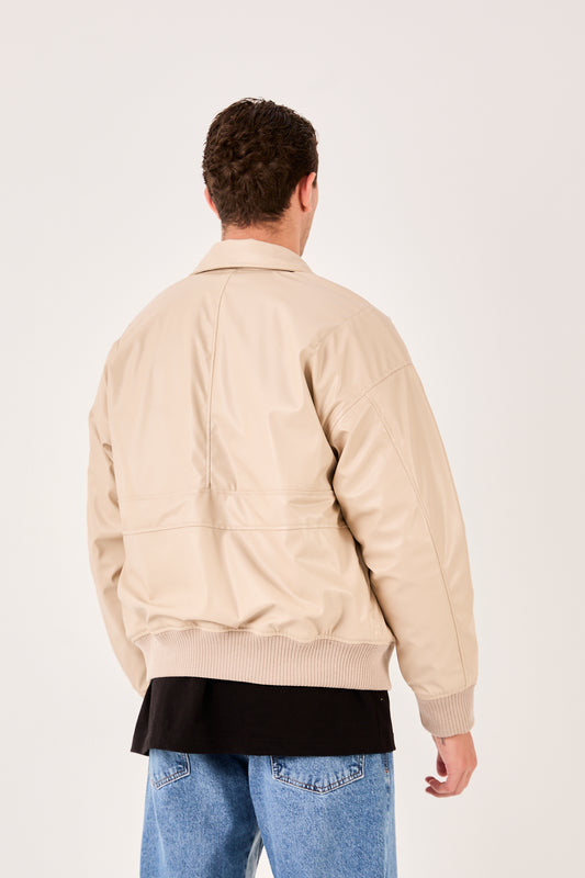 X-2015 Mens Bomber Jacket Beige Zip Front Shirt Collar Ribbed Hem