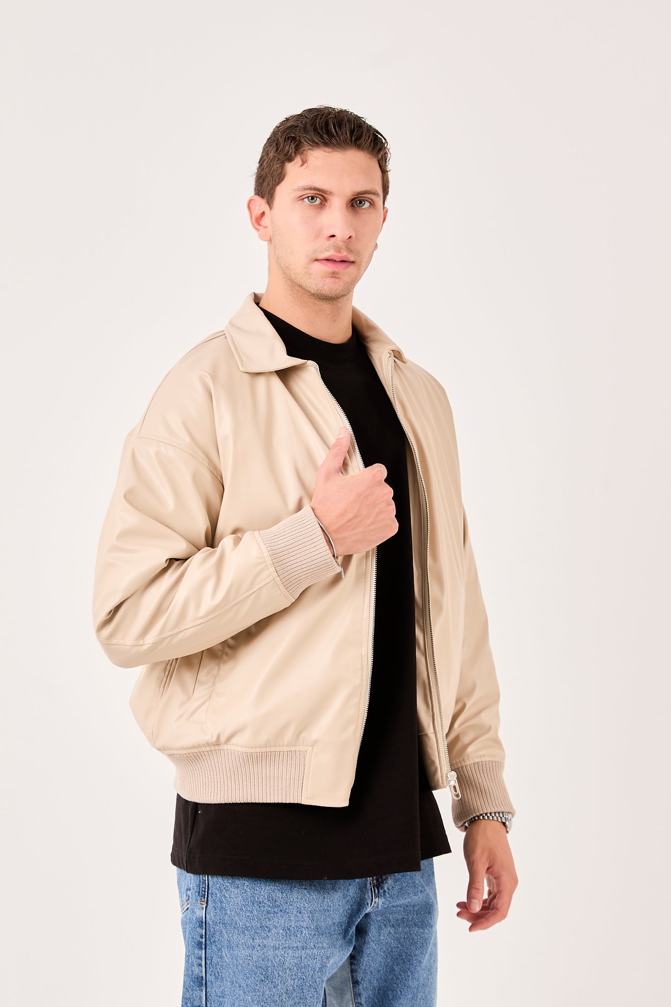 X-2015 Mens Bomber Jacket Beige Zip Front Shirt Collar Ribbed Hem