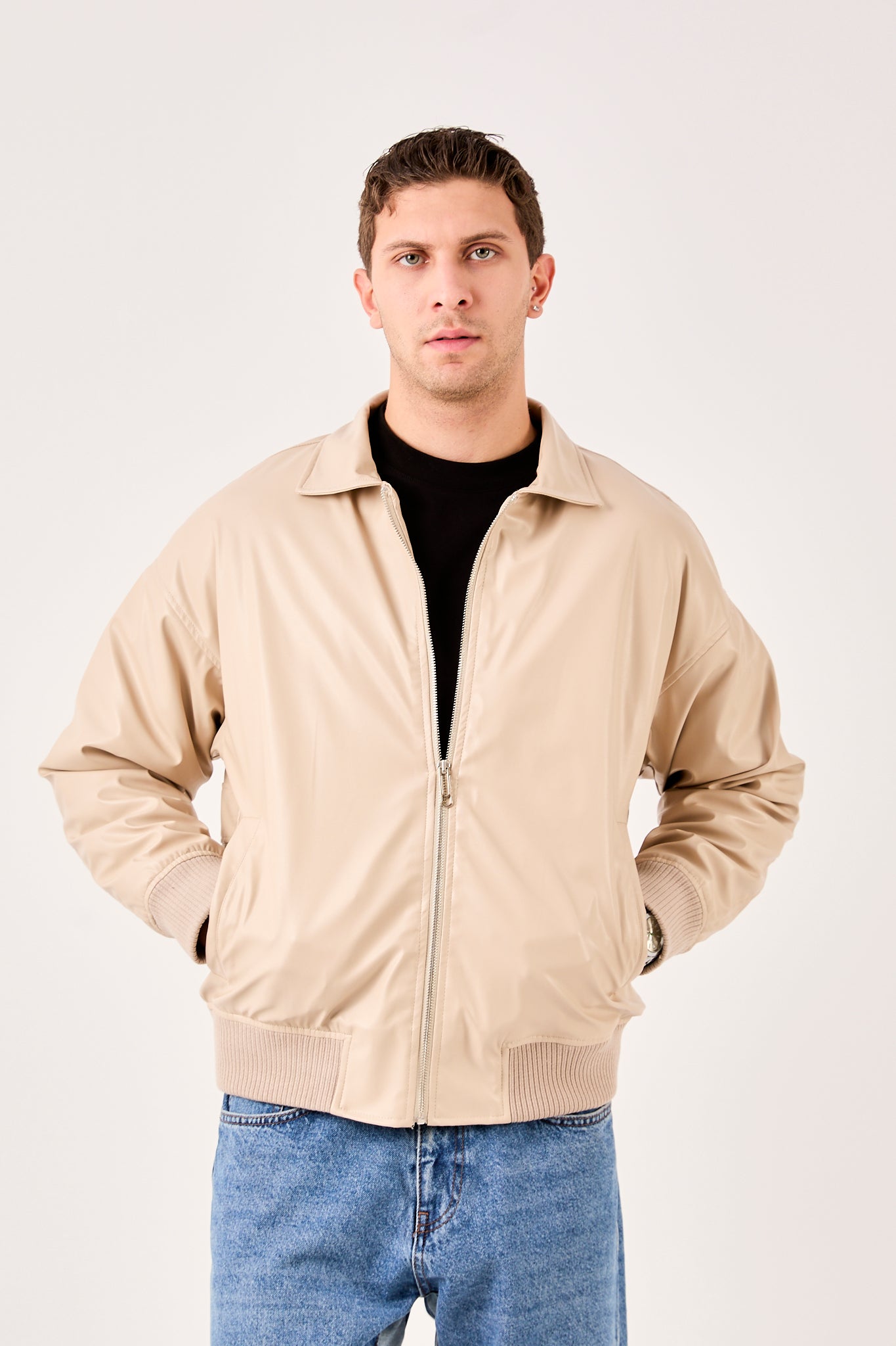 X-2015 Mens Bomber Jacket Beige Zip Front Shirt Collar Ribbed Hem