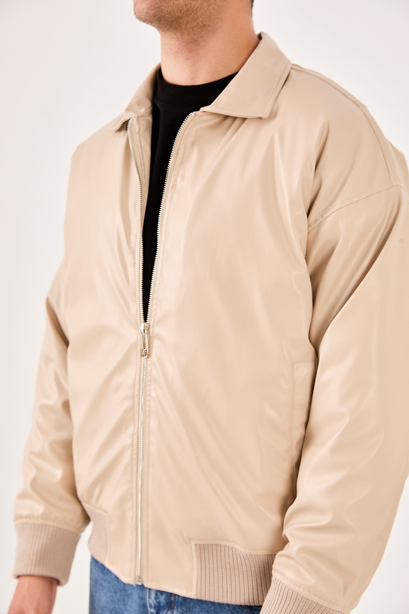 X-2015 Mens Bomber Jacket Beige Zip Front Shirt Collar Ribbed Hem
