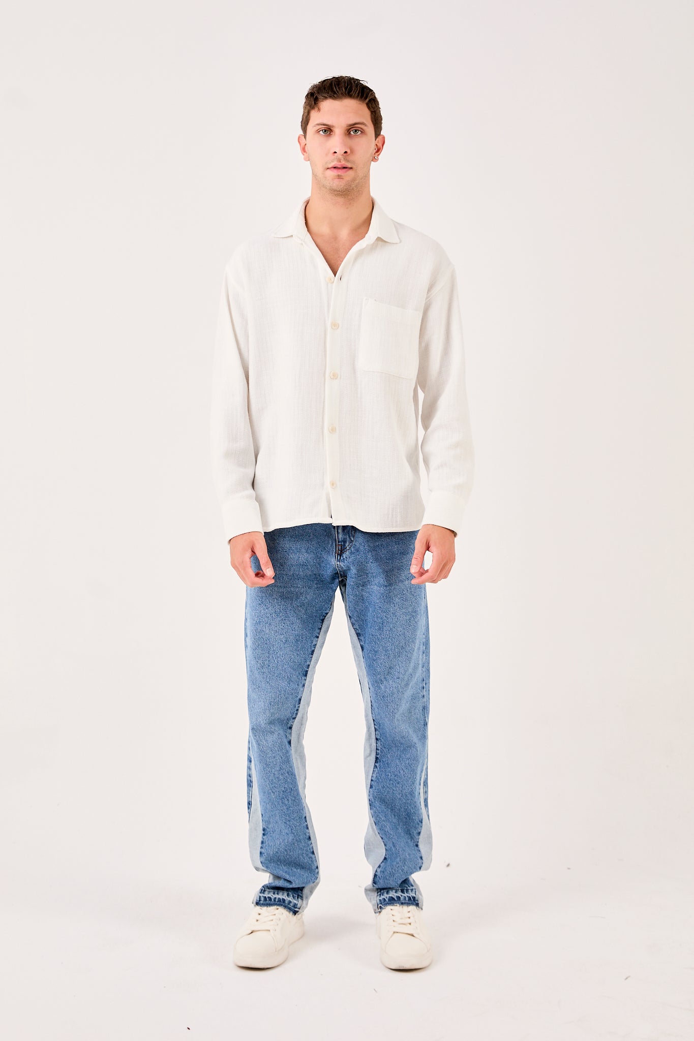 X-001 Men’s Textured White Shirt  Button Down Chest Pocket Regular Fit