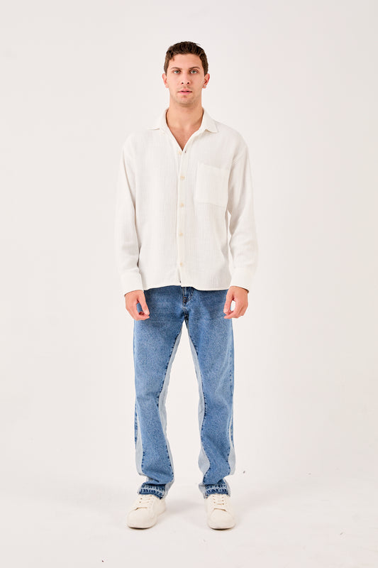 X-001 Men’s Textured White Shirt  Button Down Chest Pocket Regular Fit