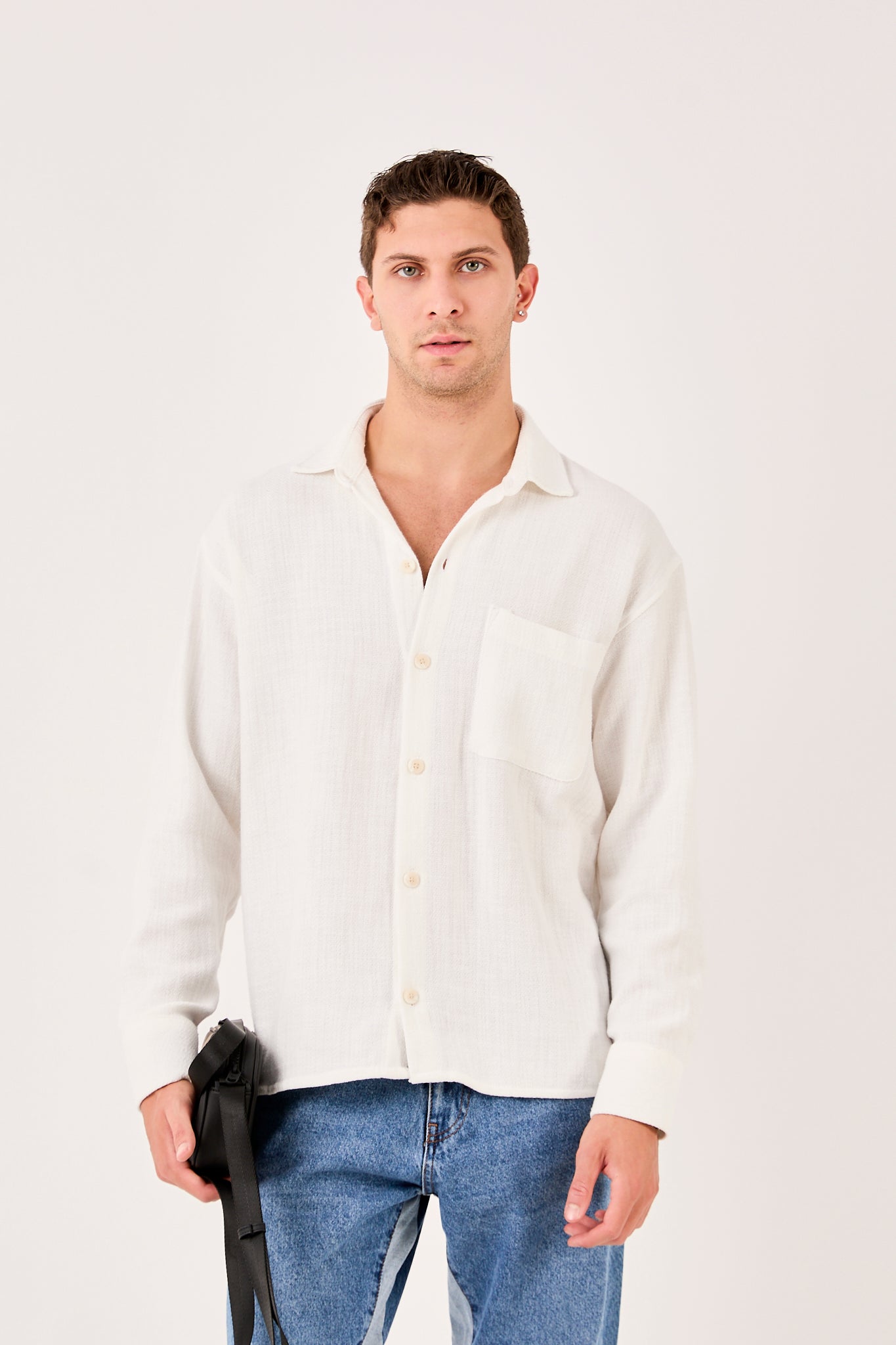 X-001 Men’s Textured White Shirt  Button Down Chest Pocket Regular Fit