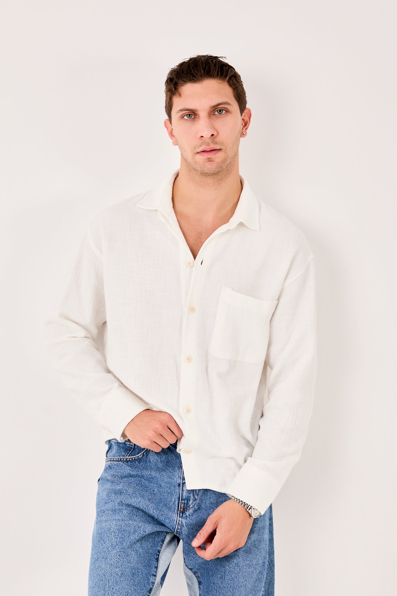 X-001 Men’s Textured White Shirt  Button Down Chest Pocket Regular Fit