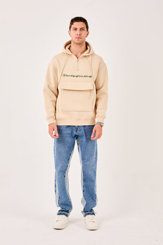 X-4005 Men’s Hoodie in BEIGE – Oversized Fit, Fleece Inside, Half-Zip, Kangaroo Pocket