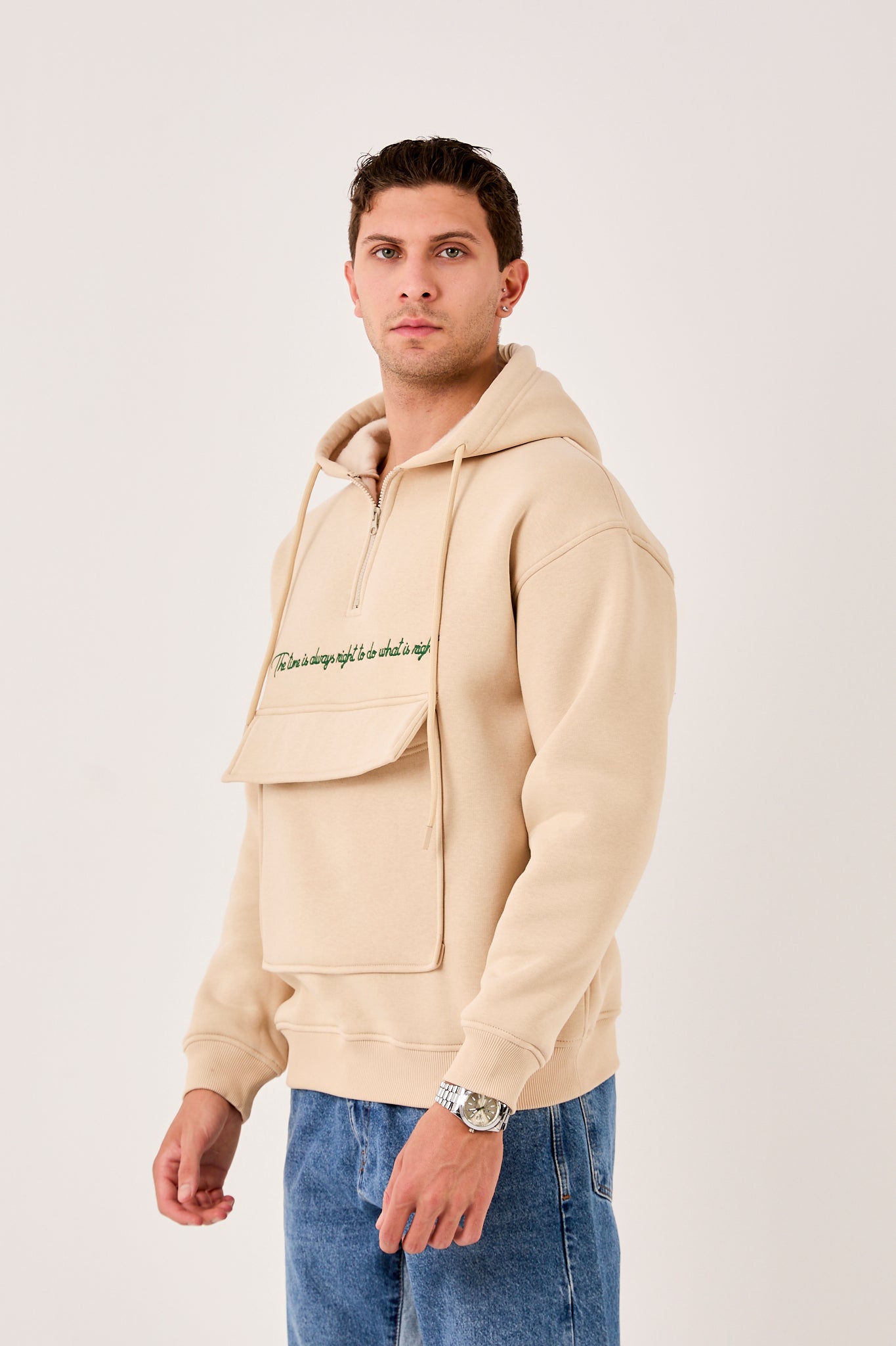 X-4005 Men’s Hoodie in BEIGE – Oversized Fit, Fleece Inside, Half-Zip, Kangaroo Pocket