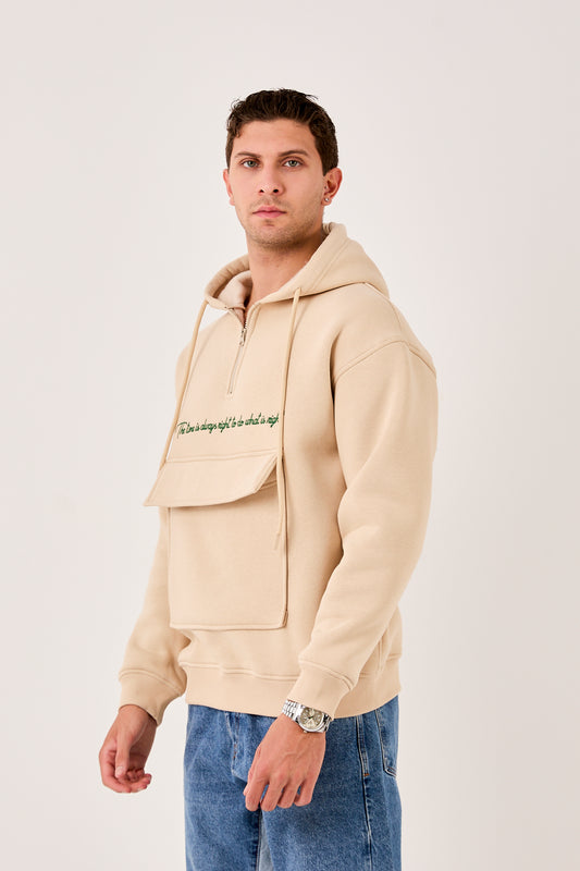 X-4005 Men’s Hoodie in BEIGE – Oversized Fit, Fleece Inside, Half-Zip, Kangaroo Pocket