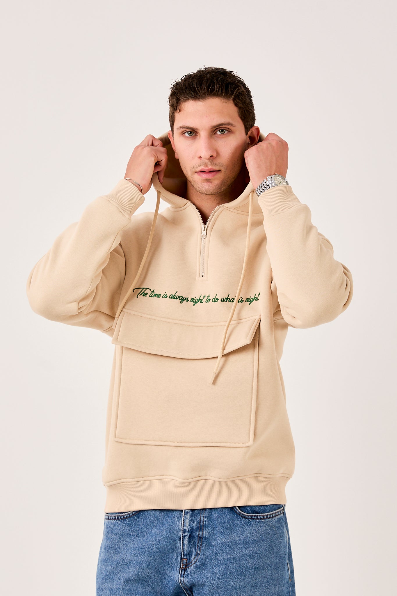 X-4005 Men’s Hoodie in BEIGE – Oversized Fit, Fleece Inside, Half-Zip, Kangaroo Pocket