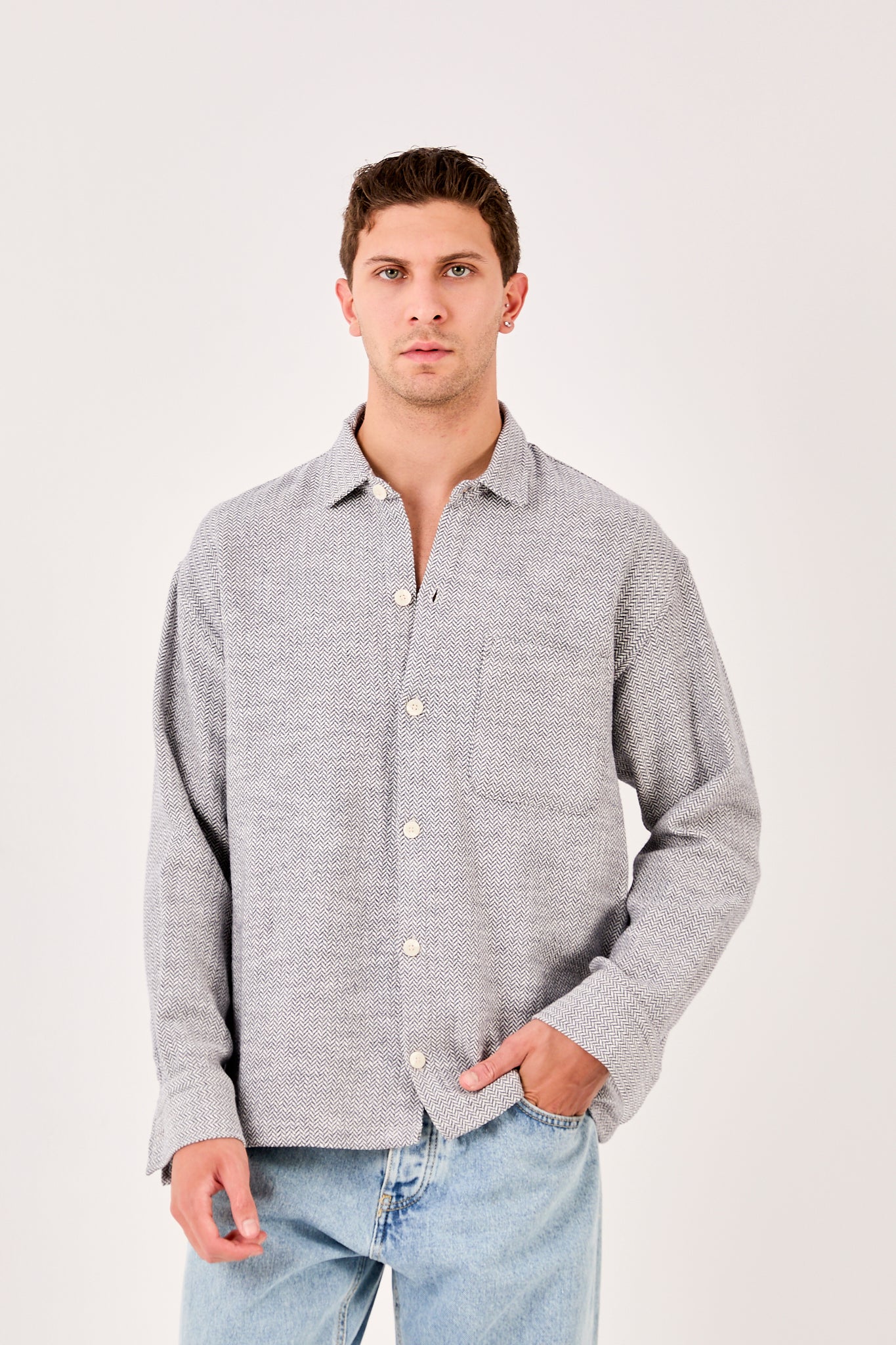X-001 Men’s Textured Grey Shirt – Button-Down, Chest Pocket, Regular Fit