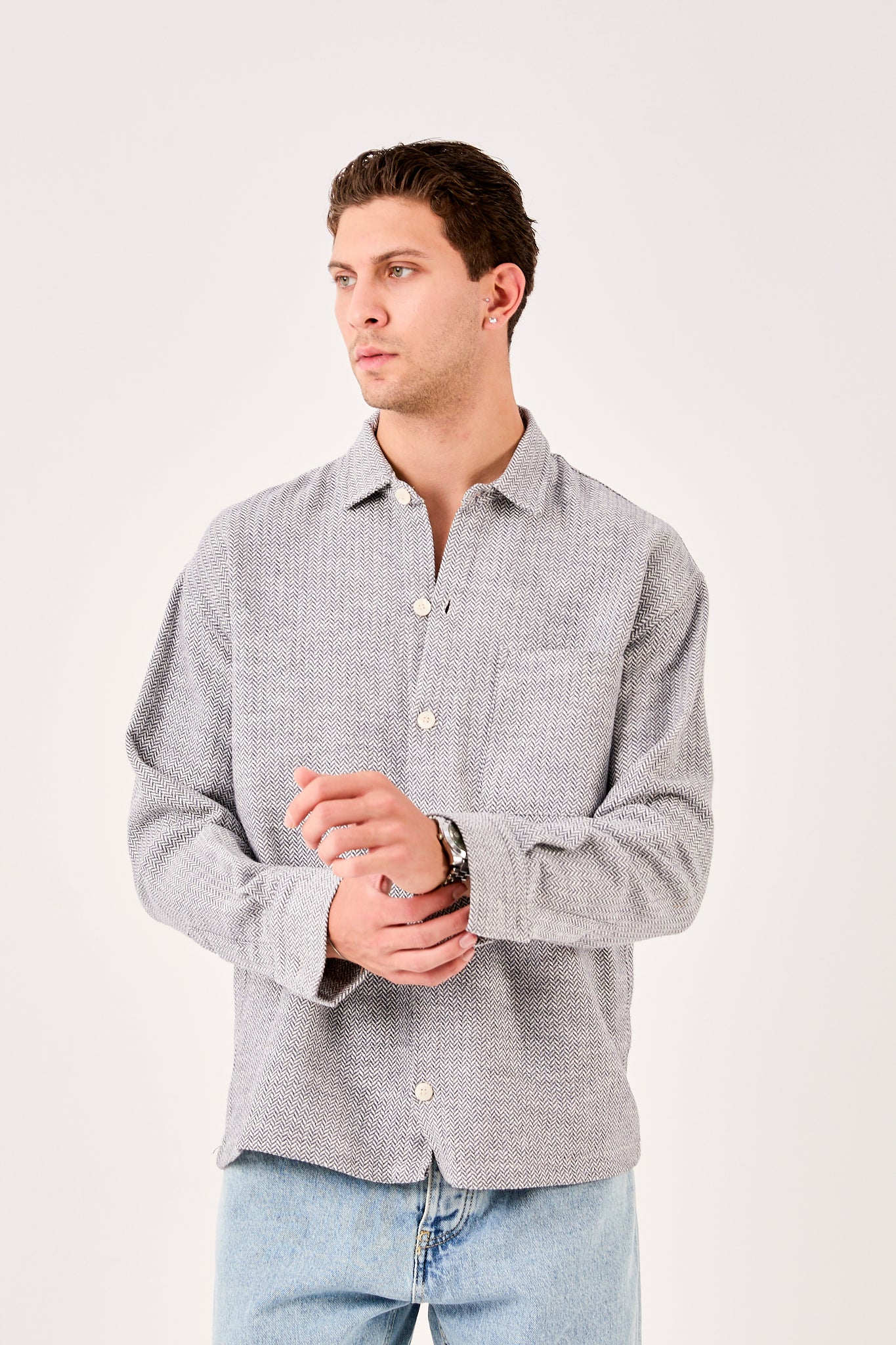 X-001 Men’s Textured Grey Shirt – Button-Down, Chest Pocket, Regular Fit