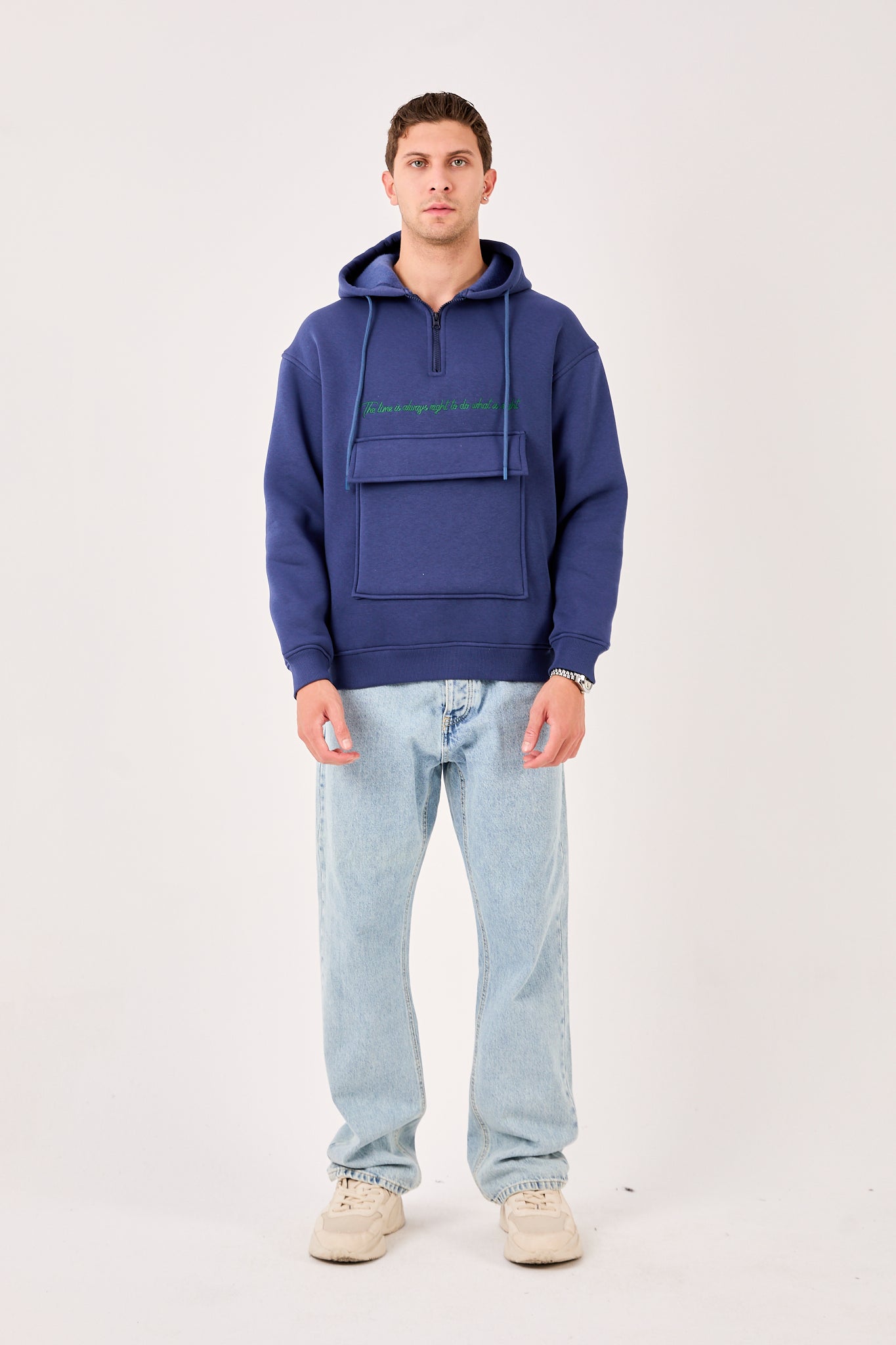 X-4005 Men’s Hoodie in NAVY – Oversized Fit, Fleece Inside, Half-Zip, Kangaroo Pocket