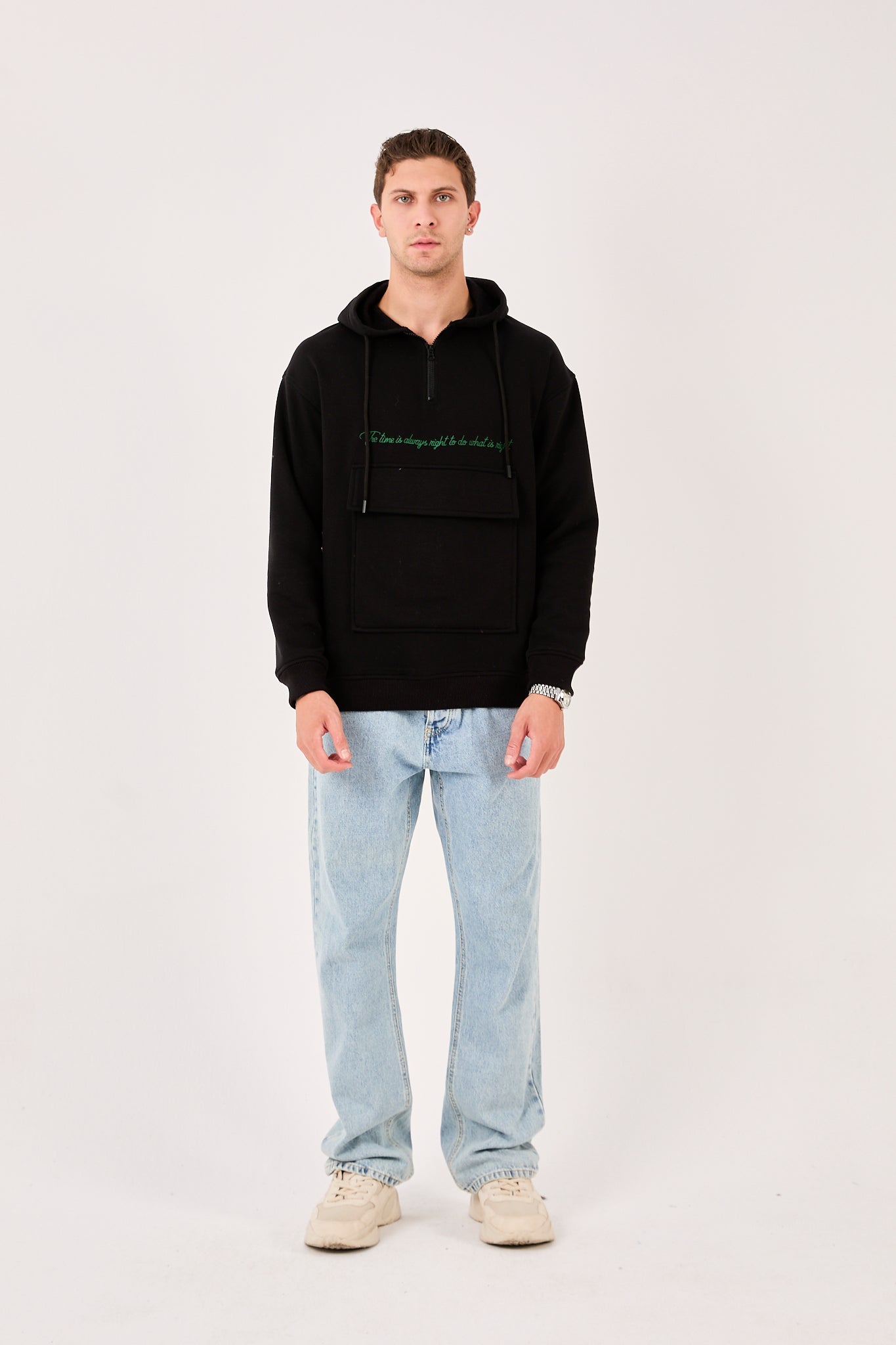 X-4005 Men’s Hoodie in BLACK – Oversized Fit, Fleece Inside, Half-Zip, Kangaroo Pocket