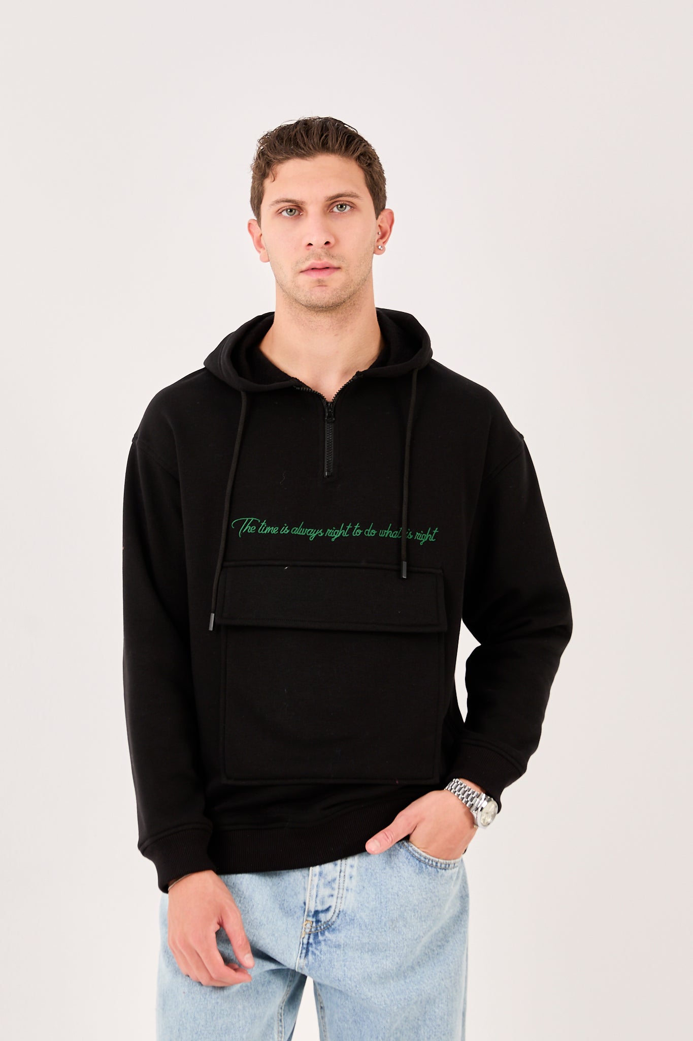 X-4005 Men’s Hoodie in BLACK – Oversized Fit, Fleece Inside, Half-Zip, Kangaroo Pocket