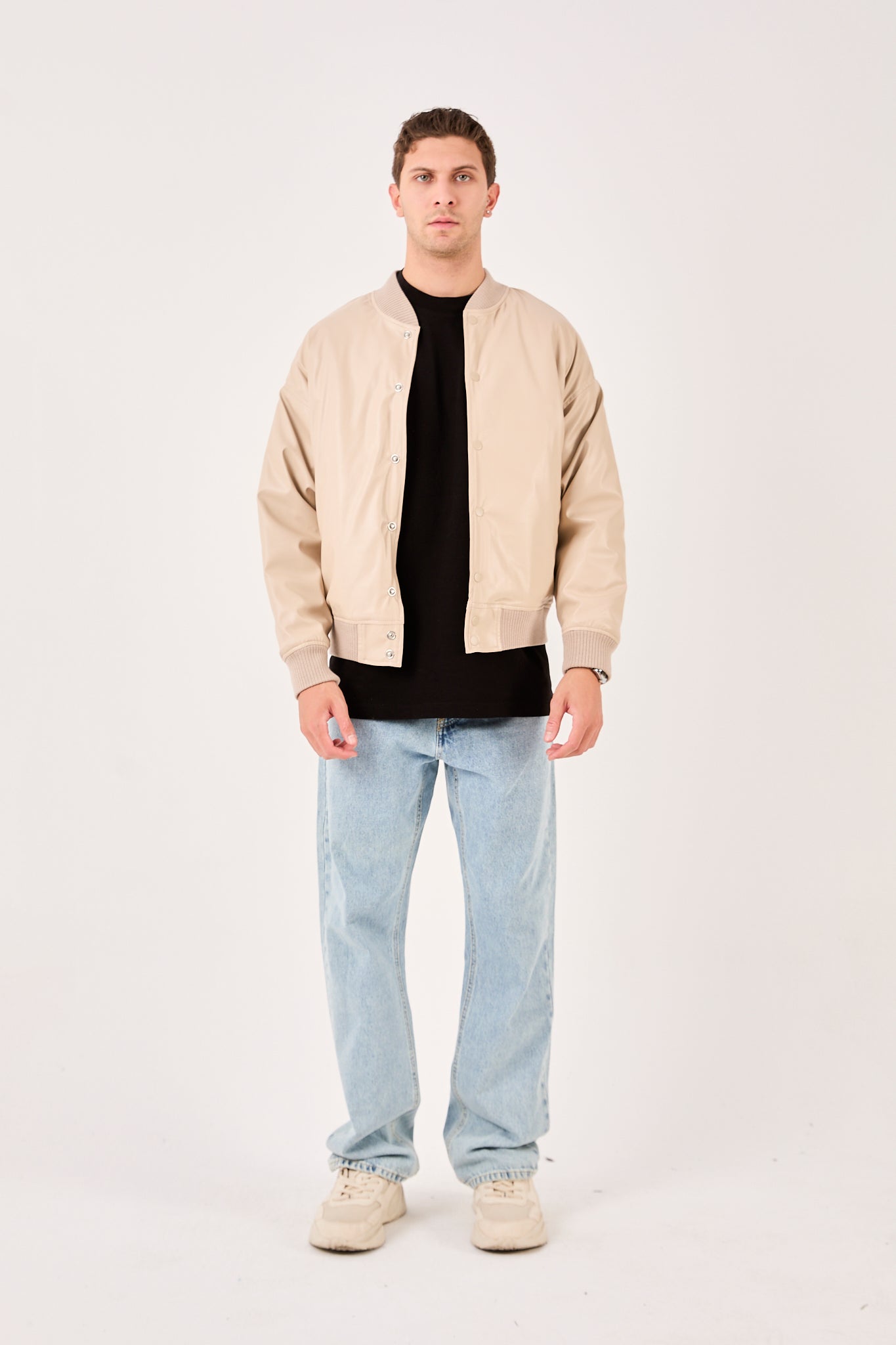 X-2018 Mens Snap Button Faux Leather Jacket BEIGE Bomber Style