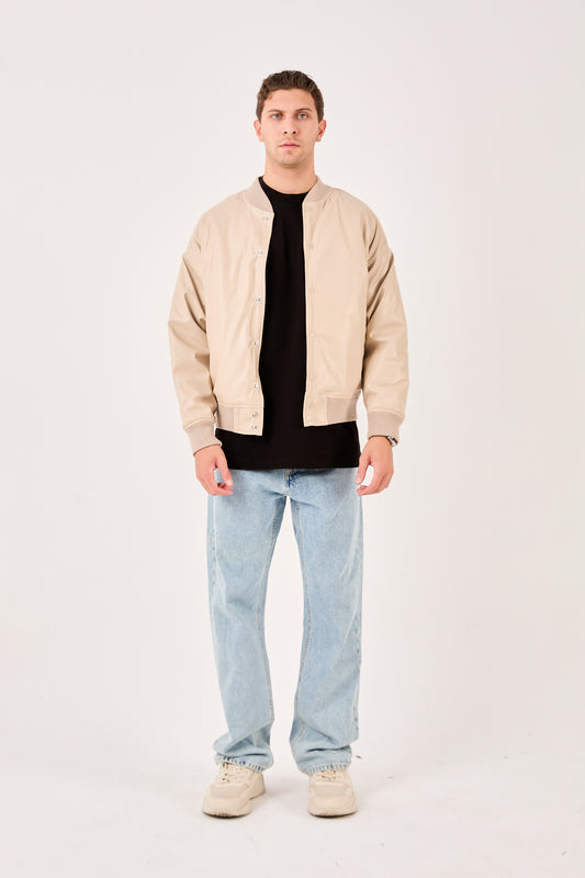 X-2018 Mens Snap Button Faux Leather Jacket BEIGE Bomber Style