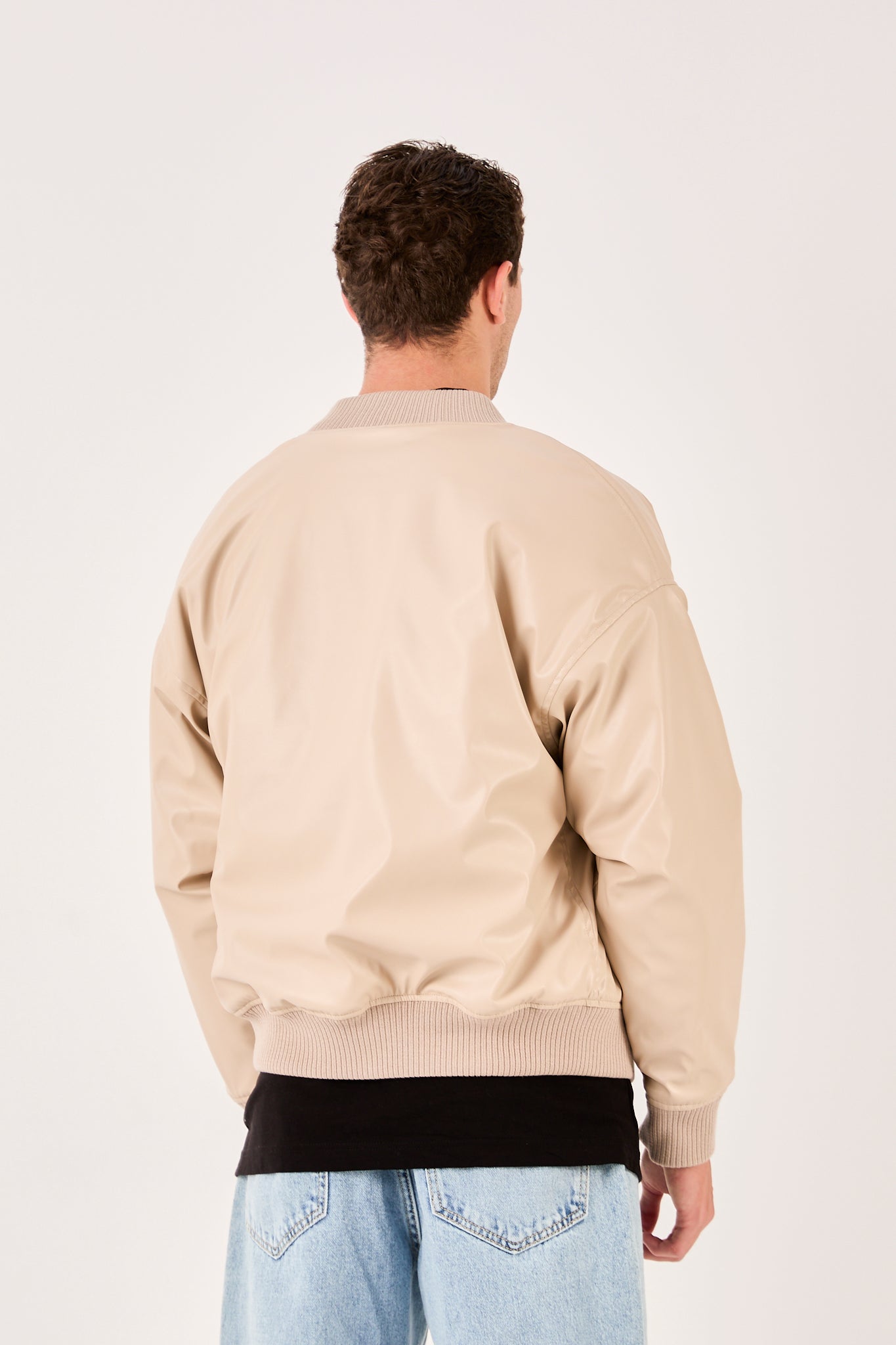 X-2018 Mens Snap Button Faux Leather Jacket BEIGE Bomber Style